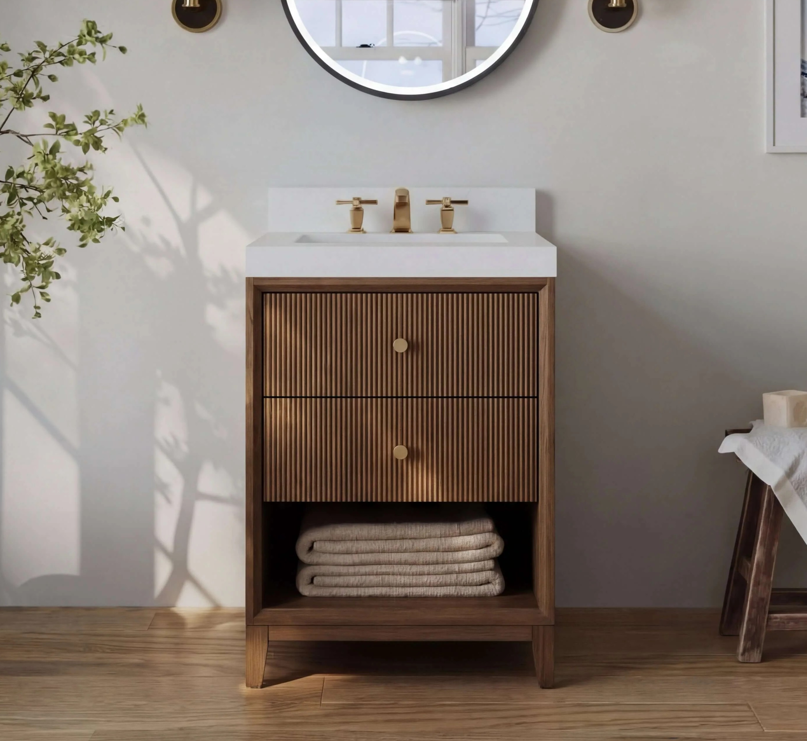 30" Bath Vanity Set in Chestnut Oak Finish with Alpine White Quartz Top
