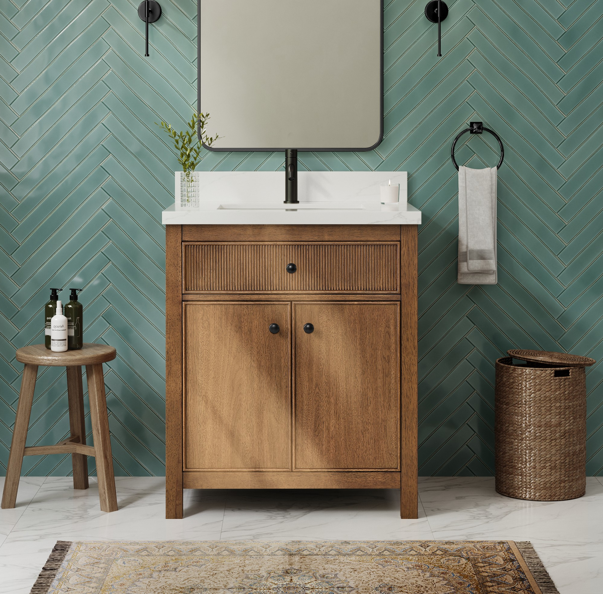 30" Single Bathroom Vanity in Toasted Walnut, Giotto Quartz Countertop, Undermount Square Sink (1-Hole) with Countertop Options and Hardware Options