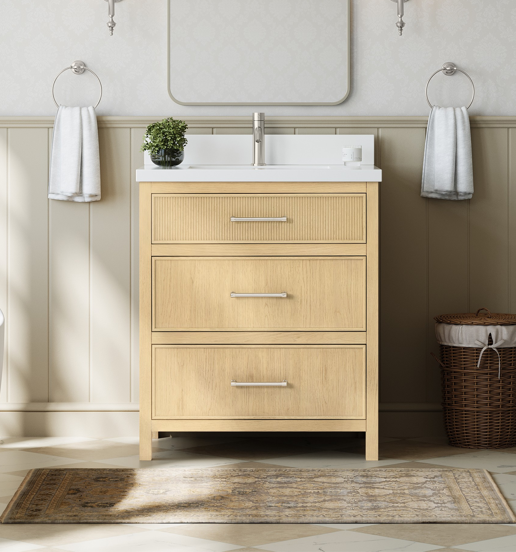 30" Single Bathroom Vanity in Scandinavian Oak, Base only, Satin Bronze Trim with Countertop Options, and Hardware Options