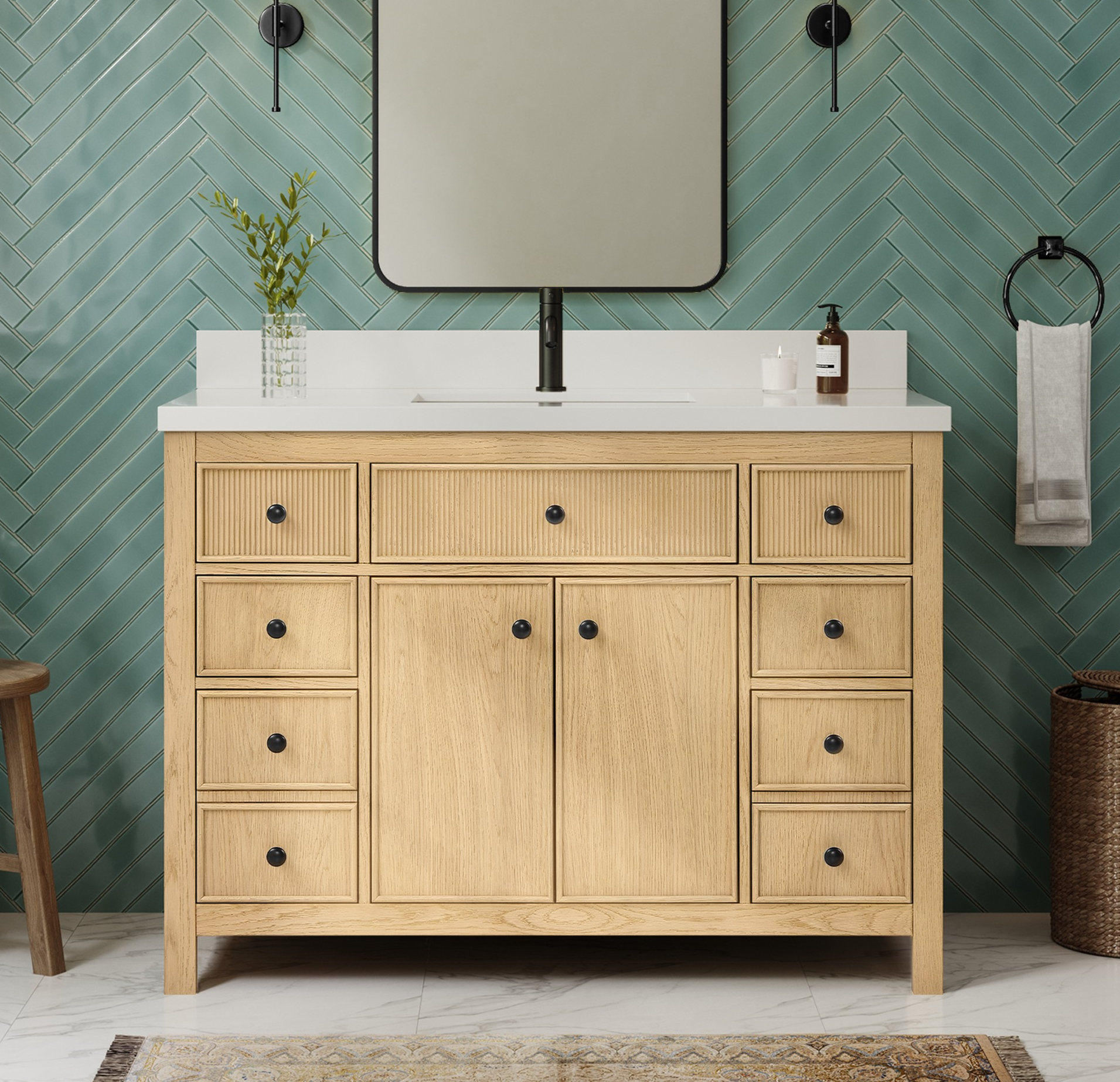 48" Single Bathroom Vanity in Scandinavian Oak, White Quartz Countertop, Undermount Square Sink (1-Hole), with Countertop Options and Hardware Option