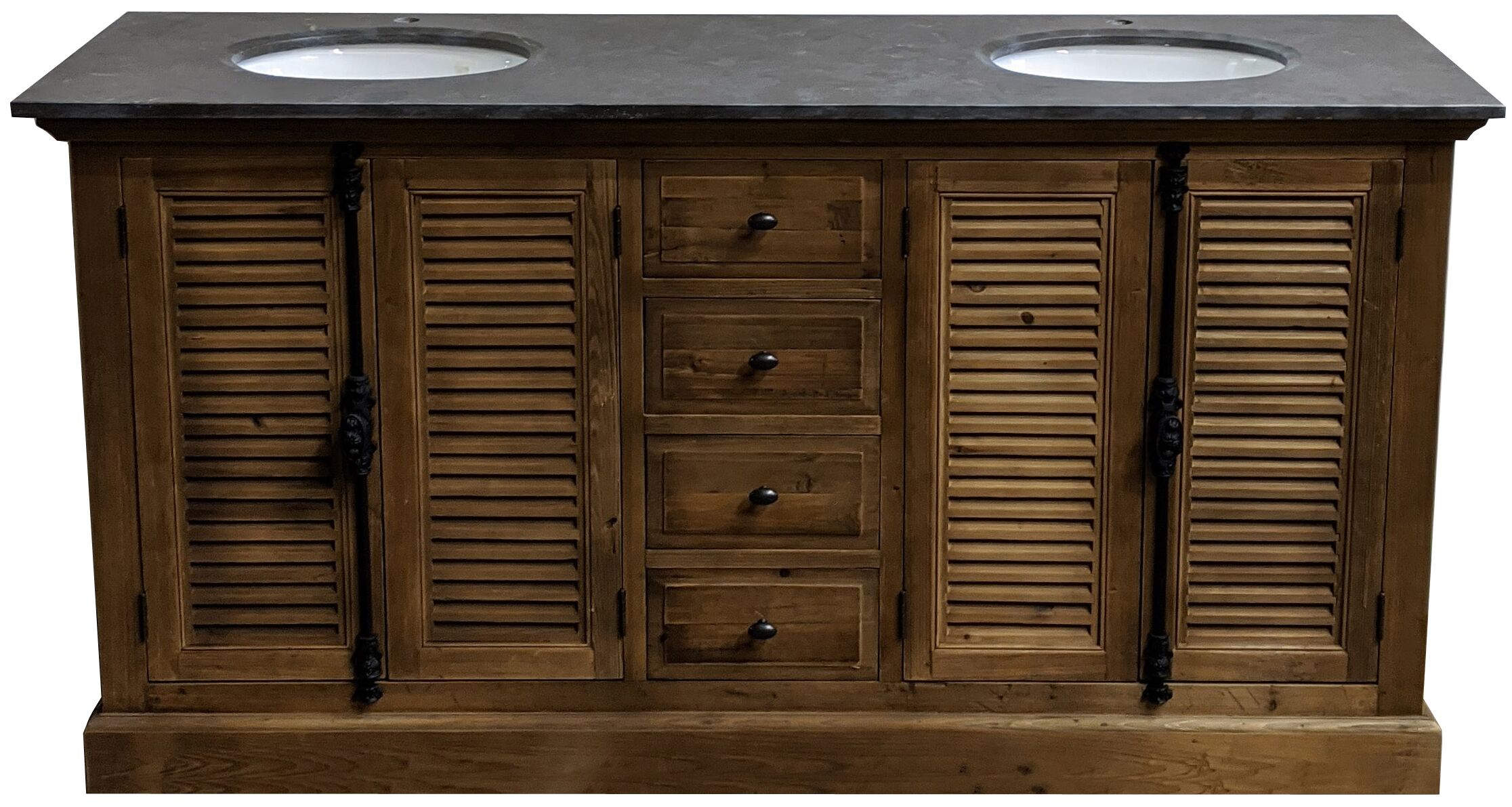 71" Reclaimed Pine Double Shutter Vanity with Blue Stone Top Natural Finish