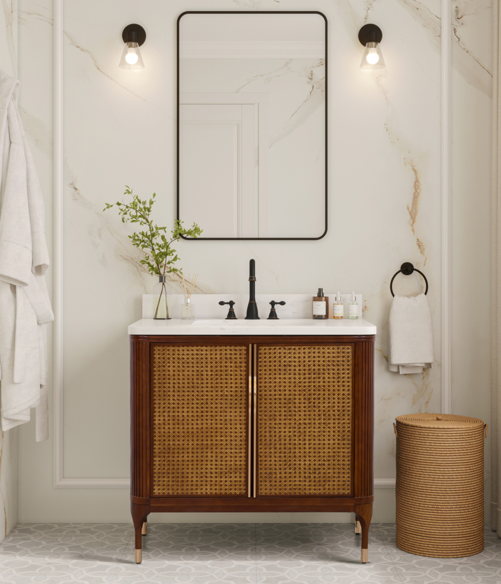Issac Edwards Rustic Modern 36" Single Bathroom Vanity in Brown Birch with 1" Thick White Stone Top