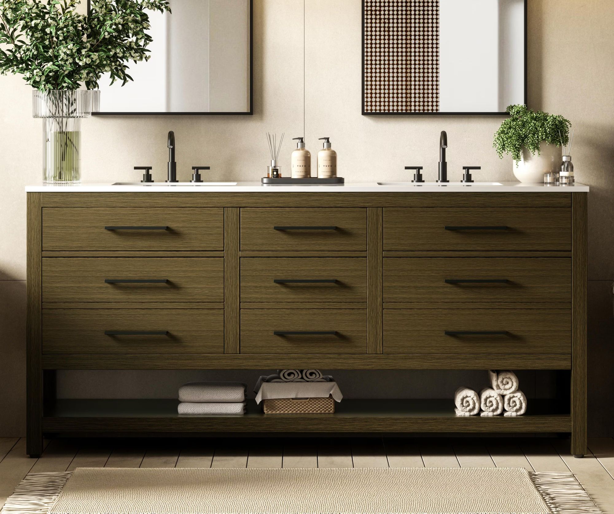 Modern Fitting 72" Double Bathroom Vanity in Chestnut Brown with 4 Color Options