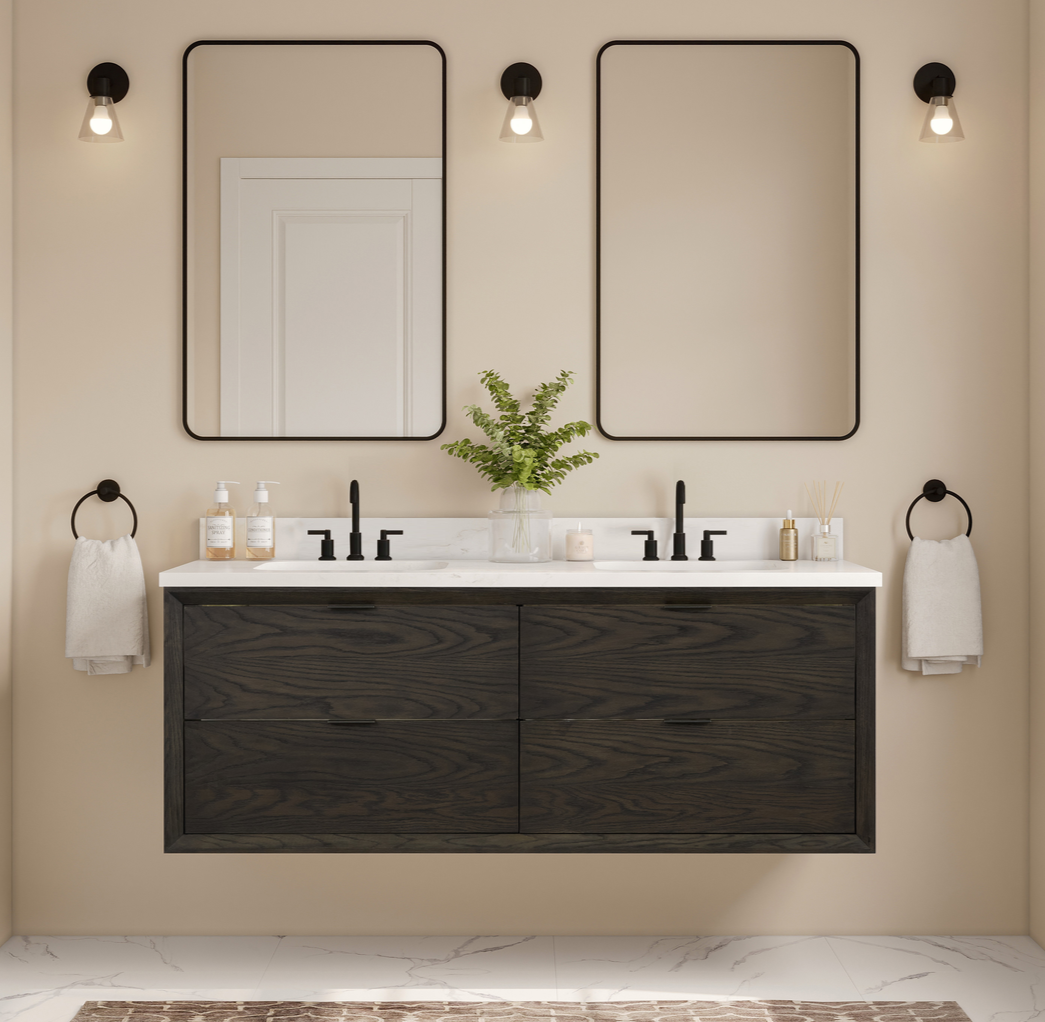 Issac Edwards Rustic Modern 60" Wall-mounted Bathroom Vanity in Brown Oak with 1" Thick White Stone Top