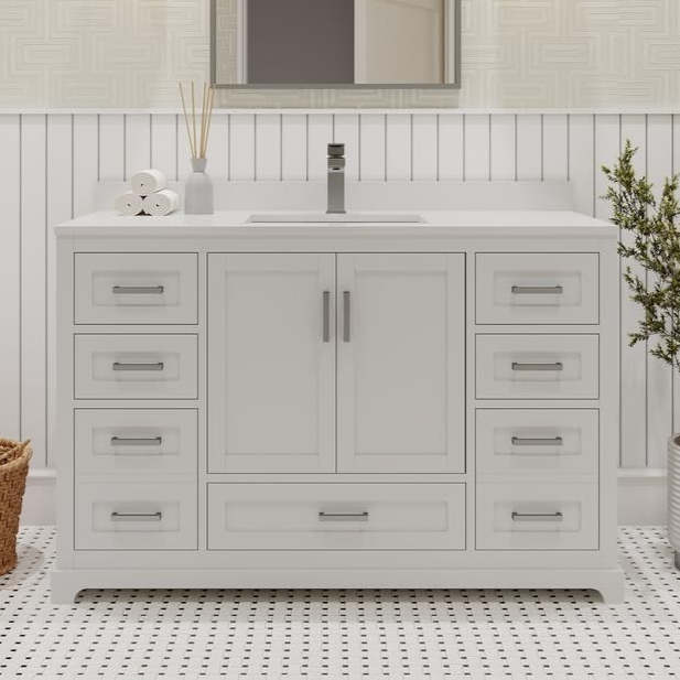 LV 48" Transitional Bath Vanity in White with 3 Hardware Options, Base Only, and Top Option