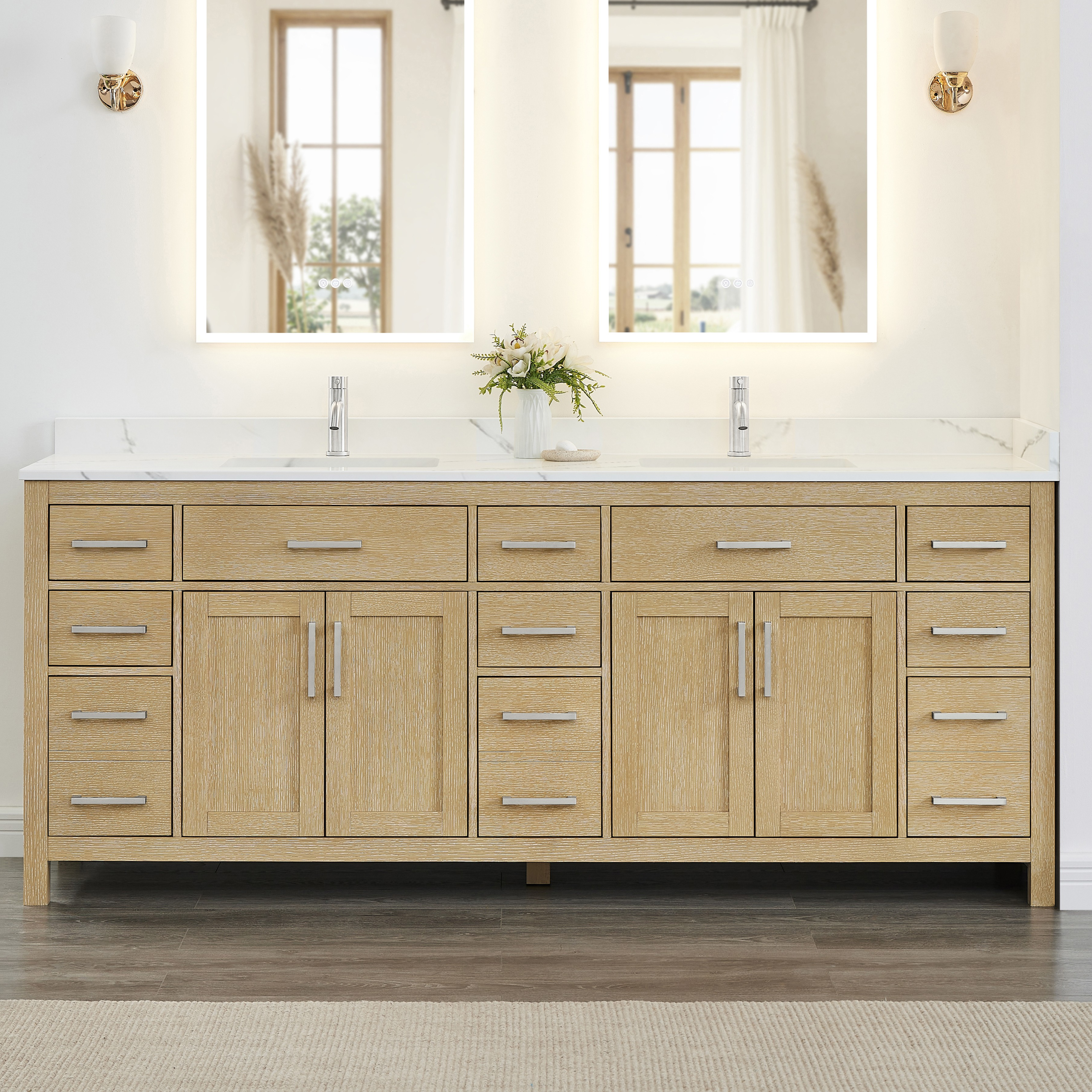 84 Inch Double Bathroom Vanity in Whitewashed Oak, Brushed Nickel Trim with 3 Hardware Options and Countertop Options