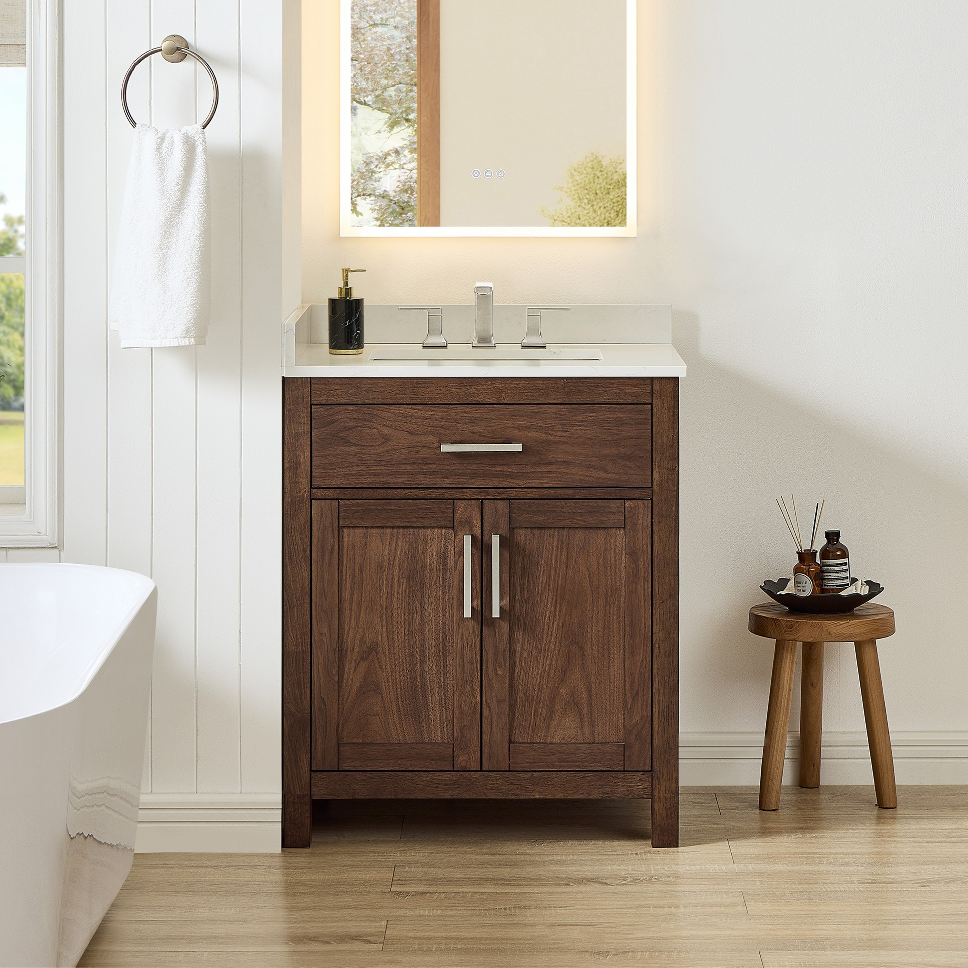 24 Inch Single Bathroom Vanity in Dark Walnut, Brushed Gold Trim with 3 Hardware Options and Countertop Options 