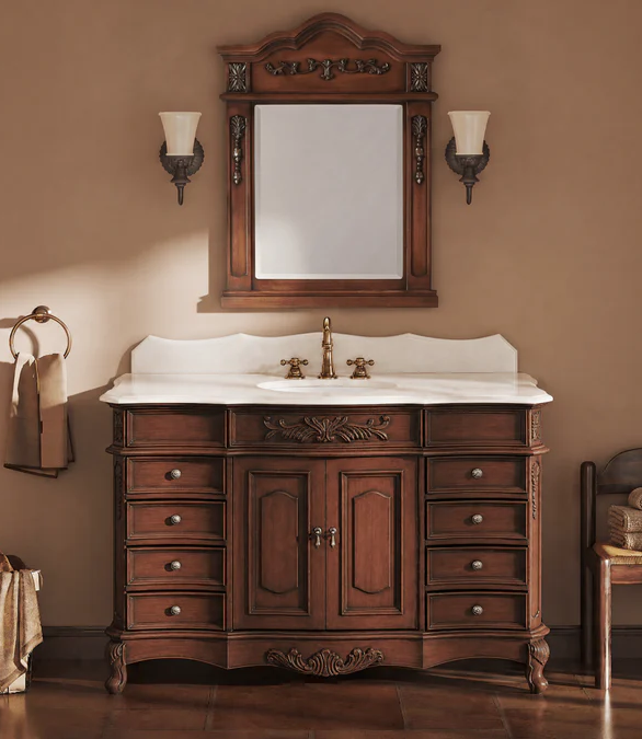 60" Traditional Single Sink Bathroom Vanity Antique Brown with White Quartz Top, Backsplash Option and Mirror Option