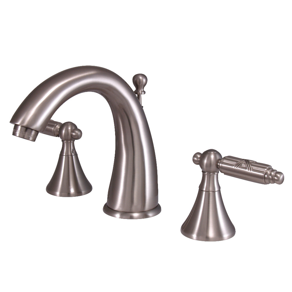 Two Handle 3 Hole Deck Mount Widespread Bathroom Faucet with Brass Pop-Up, Brushed Nickel Finish