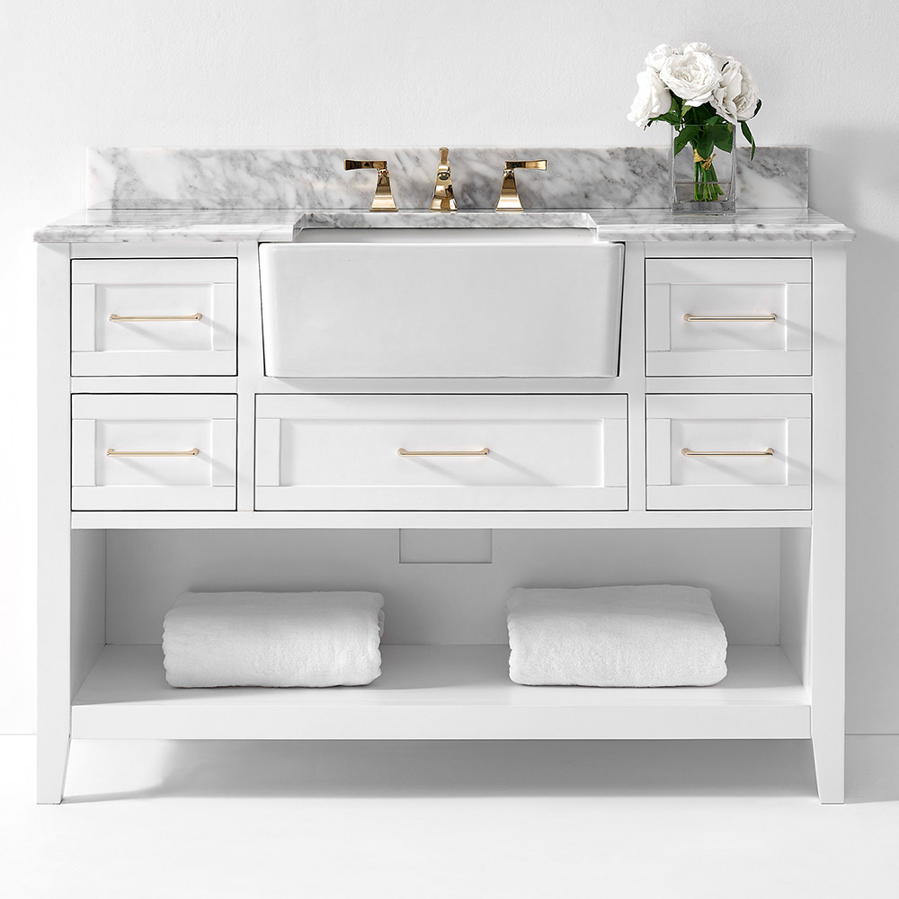 48" Bath Vanity Set in White with Italian Carrara White Marble Vanity Top and White Farmhouse Apron Basin