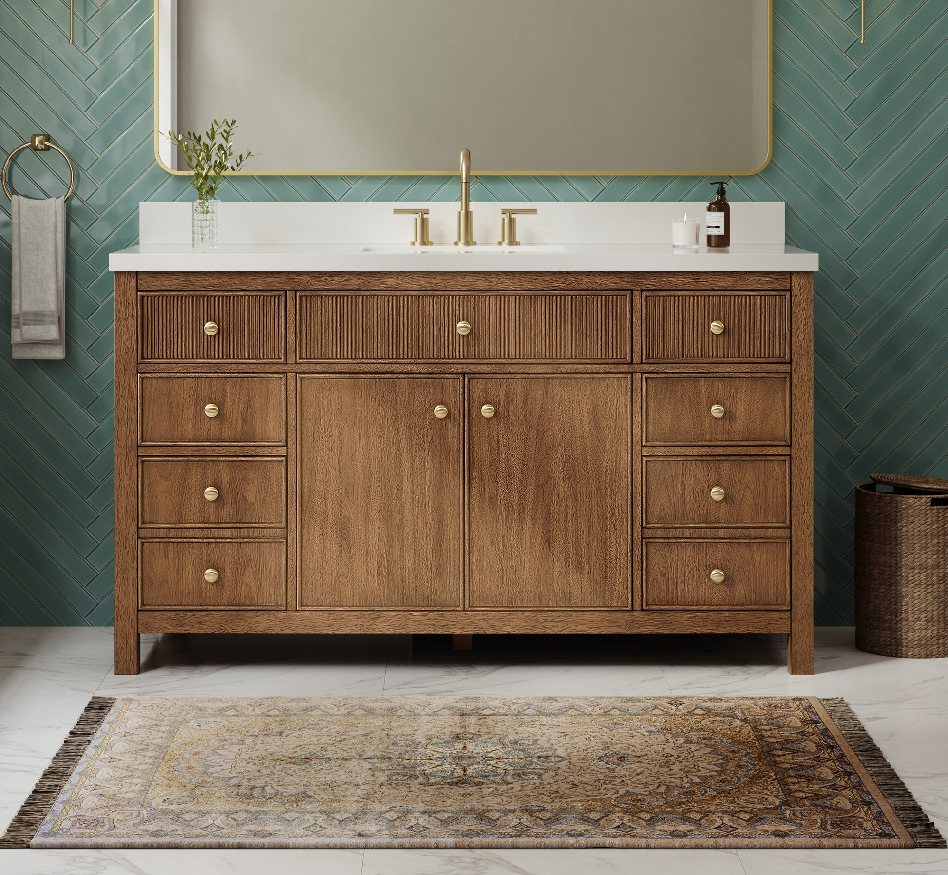 60" Single Bathroom Vanity in Toasted Walnut, White Quartz Countertop, Undermount Square Sink (3-Hole), with Countertop Options and Hardware Option