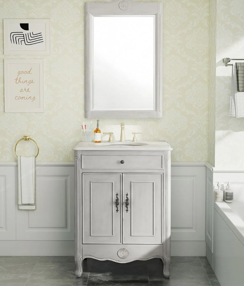 26"Adelina Distressed Gray Cottage Style Small Bathroom Sink Vanity with Backsplash Option and Mirror Option