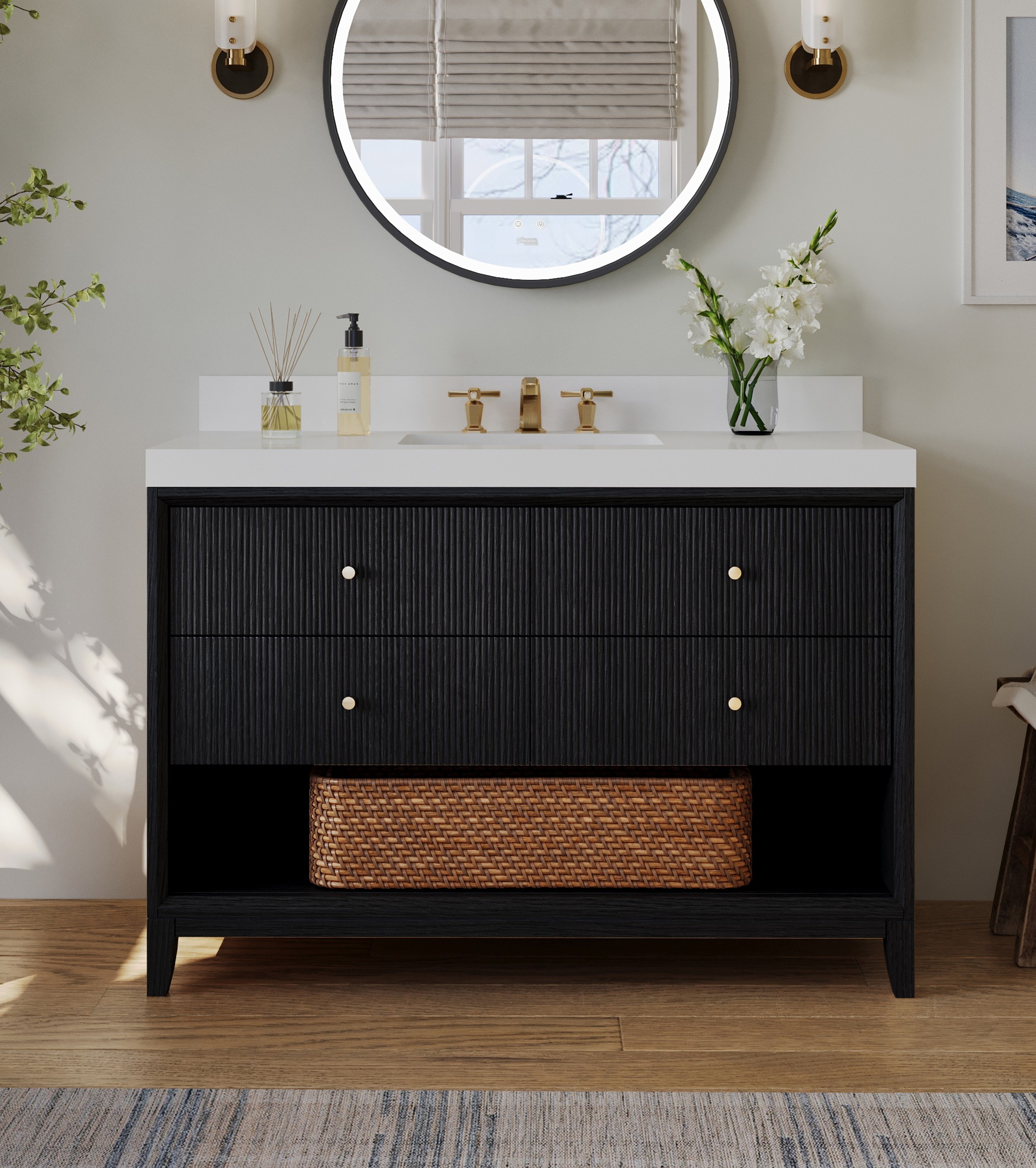 42" Bath Vanity Set in Black Oak Finish with Alpine White Quartz Top 42" Bath Vanity Set in Black Oak Finish with Alpine White Quartz Top