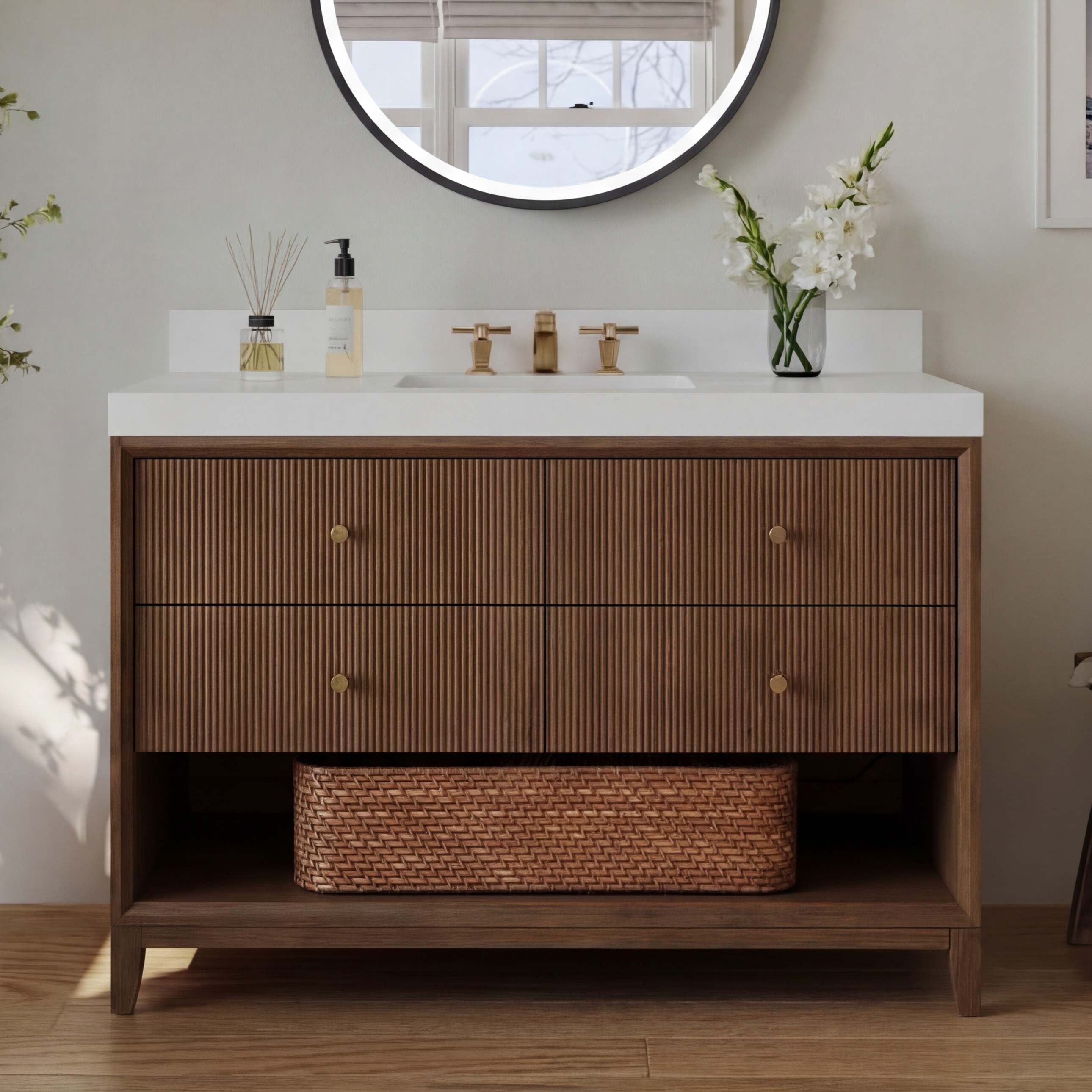 42" Single Bathroom Vanity in Chestnut Oak Finish with Alpine White Quartz Top