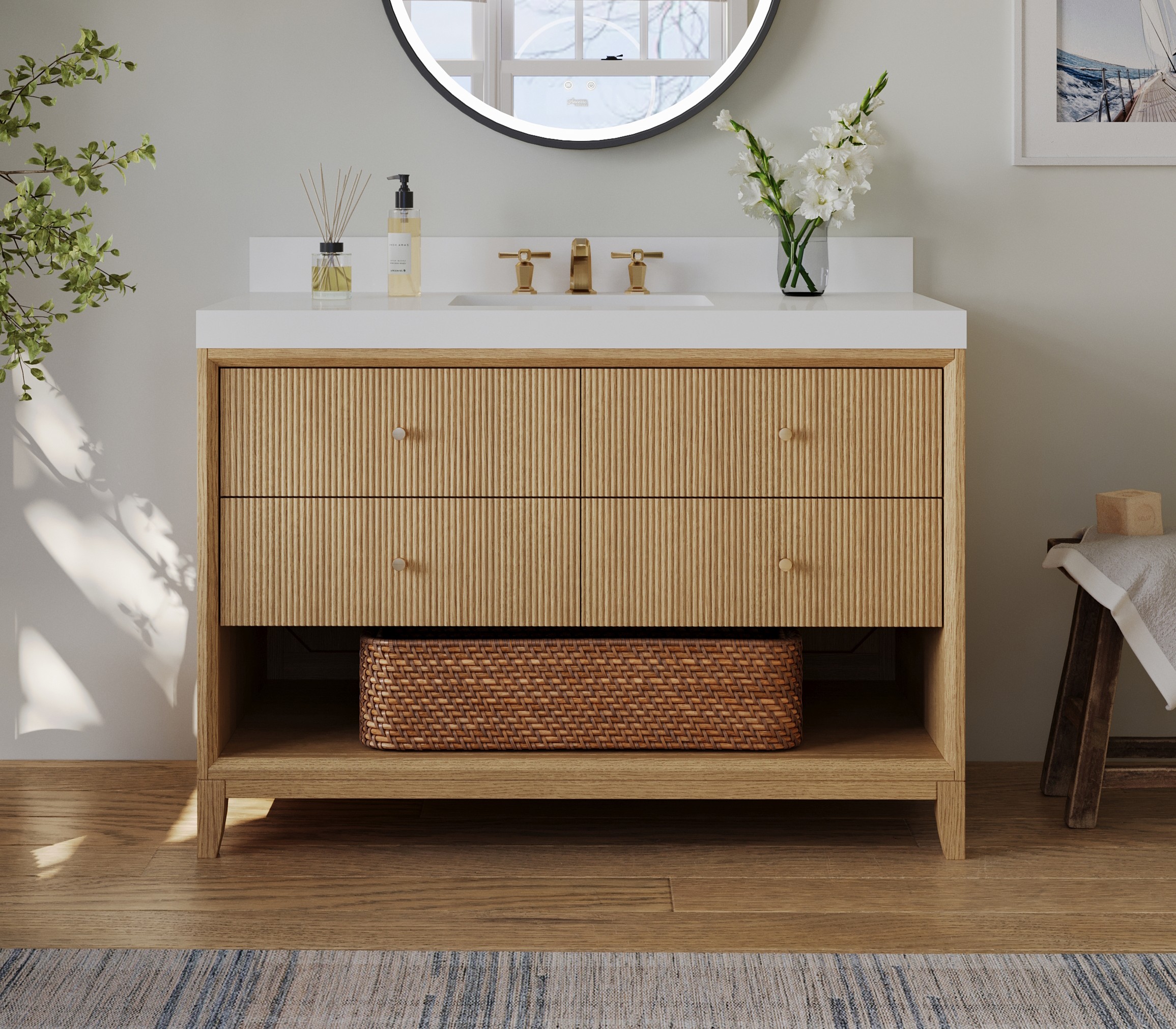 42" Single Bathroom Vanity in American Oak Finish with Alpine White Quartz Top