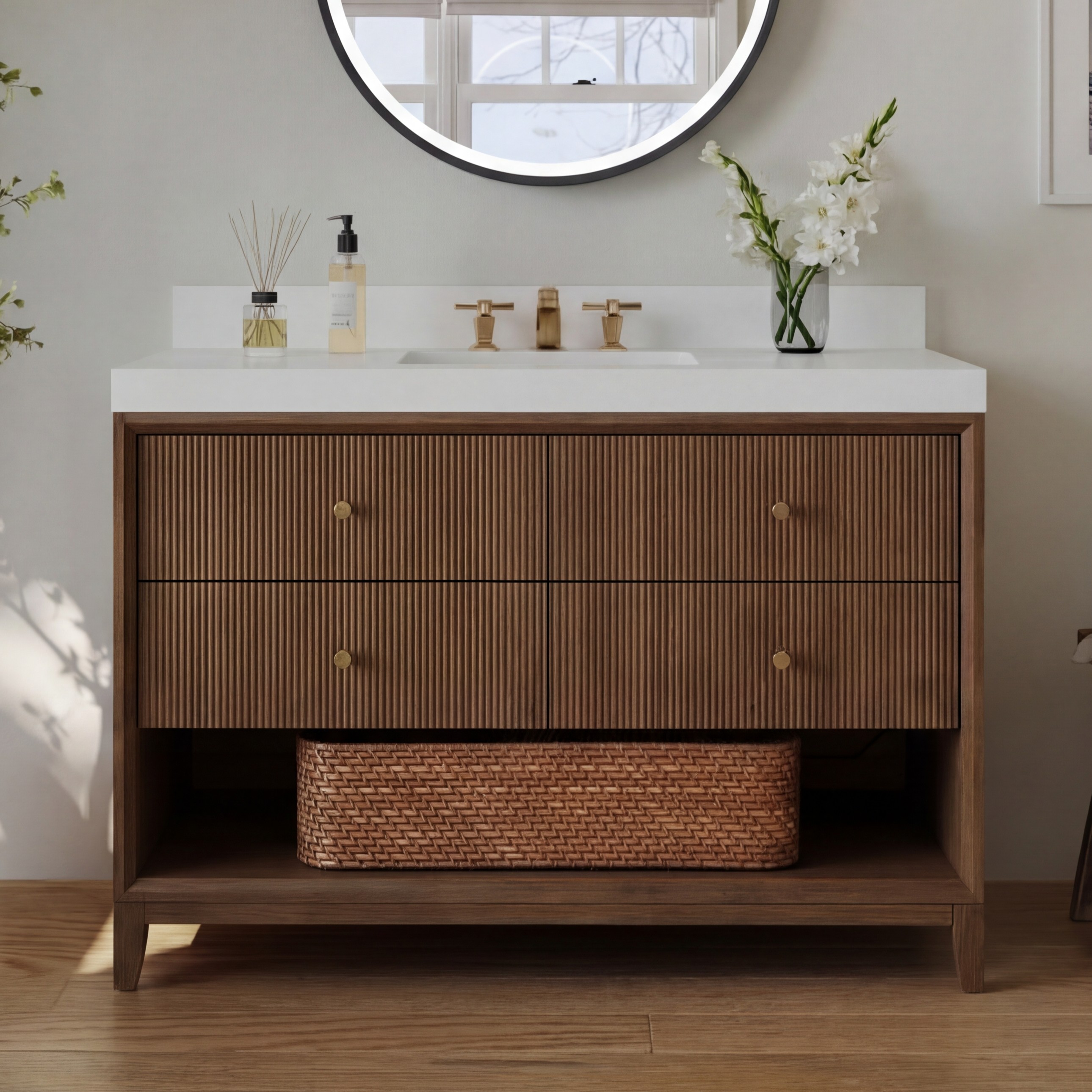 48" Single Bathroom Vanity in Chestnut Oak Finish with Alpine White Quartz Top