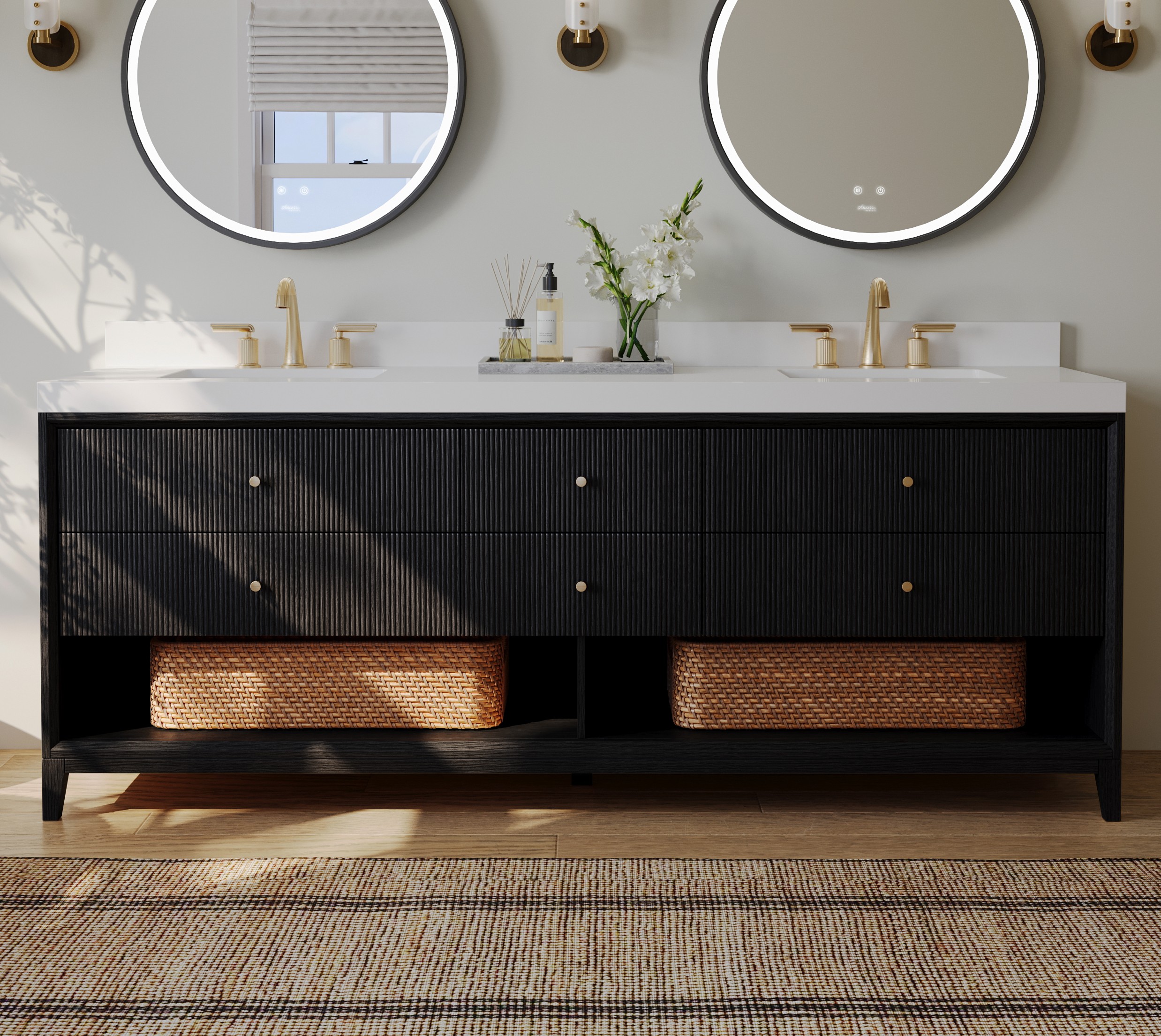 72" Bath Vanity Set in Black Oak Finish with Alpine White Quartz Top