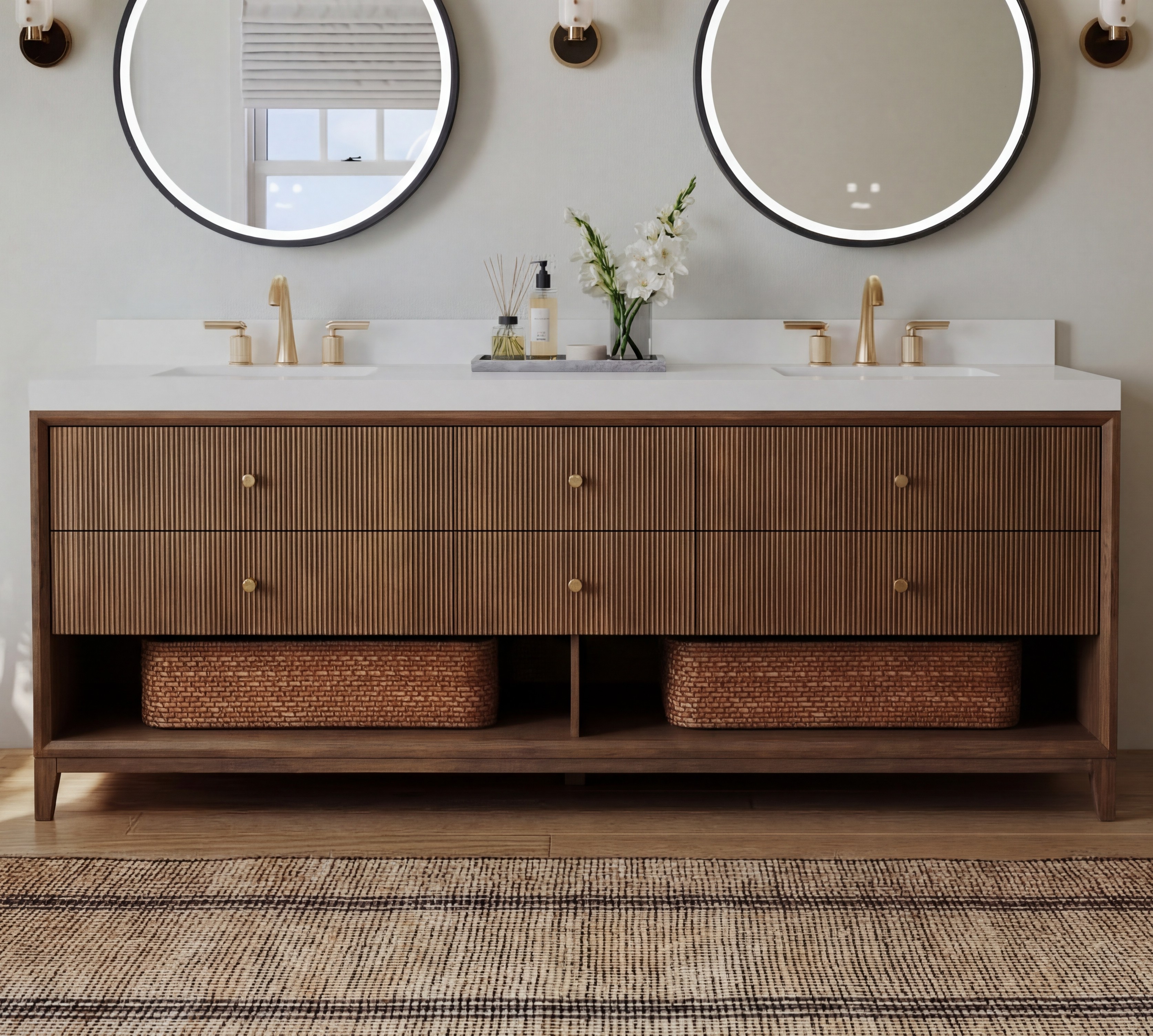 72" Double Bathroom Vanity in Chestnut Oak Finish with Alpine White Quartz Top