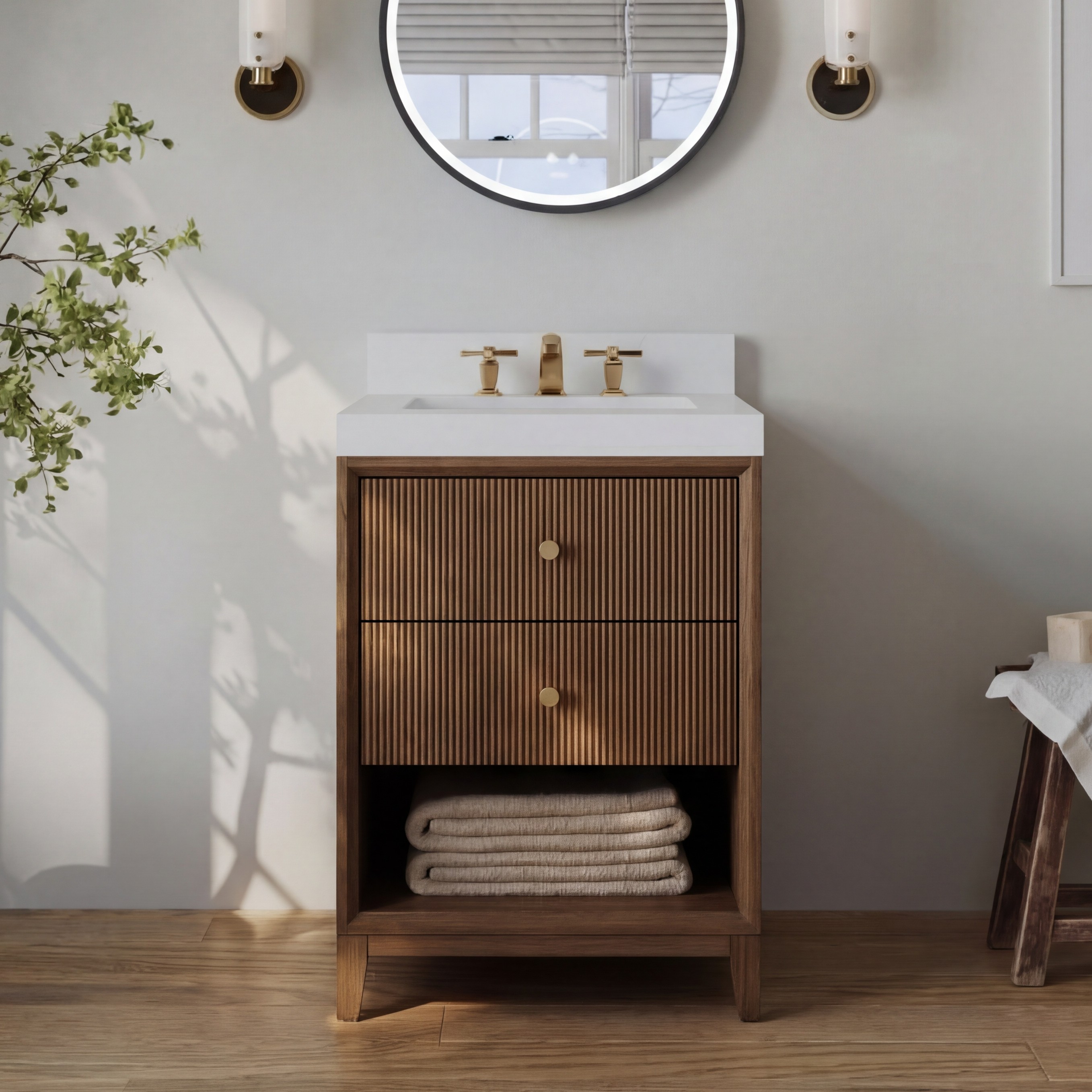 24" Bath Vanity Set in Chestnut Oak Finish with Alpine White Quartz Top