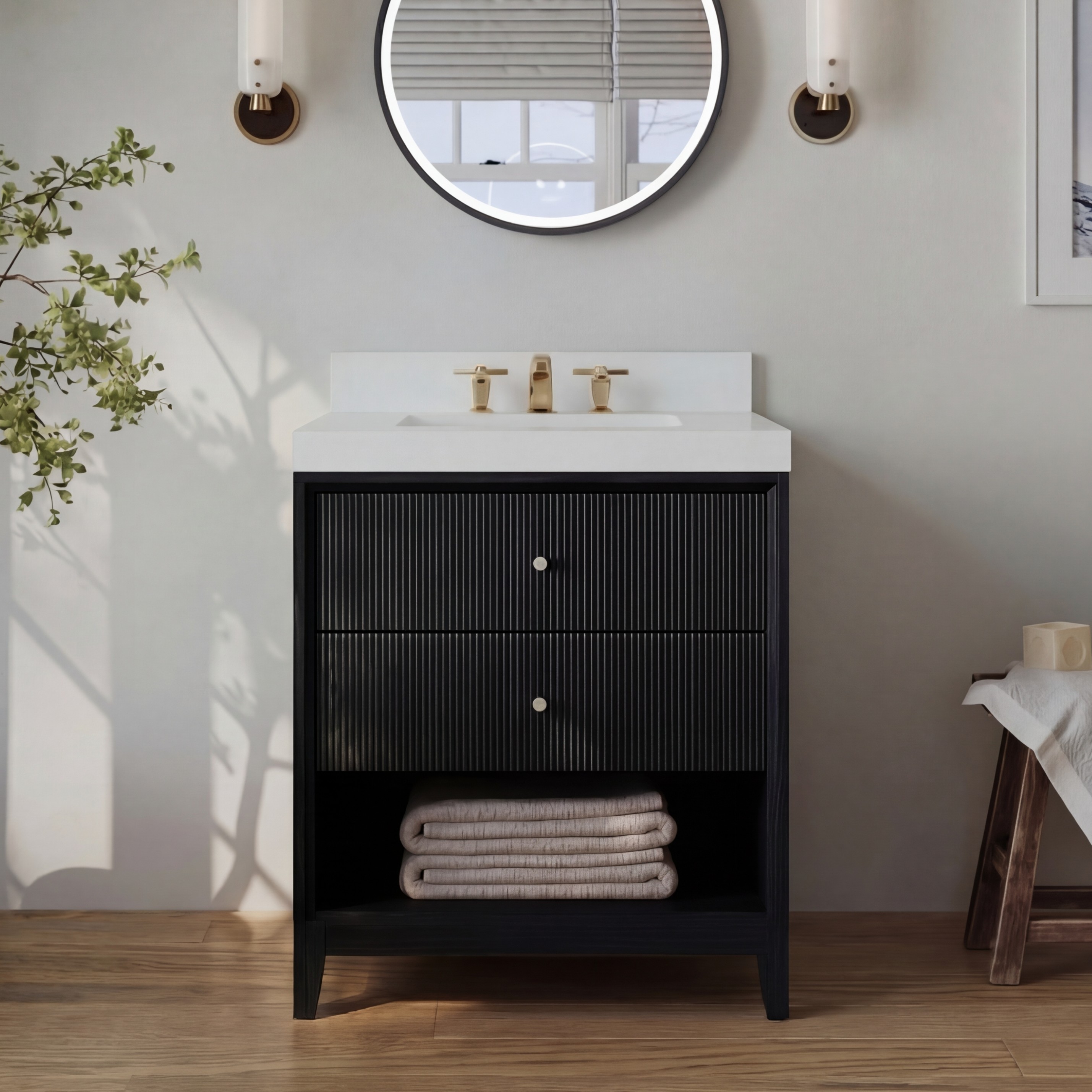 30" Bath Vanity Set in Black Oak Finish with Alpine White Quartz Top