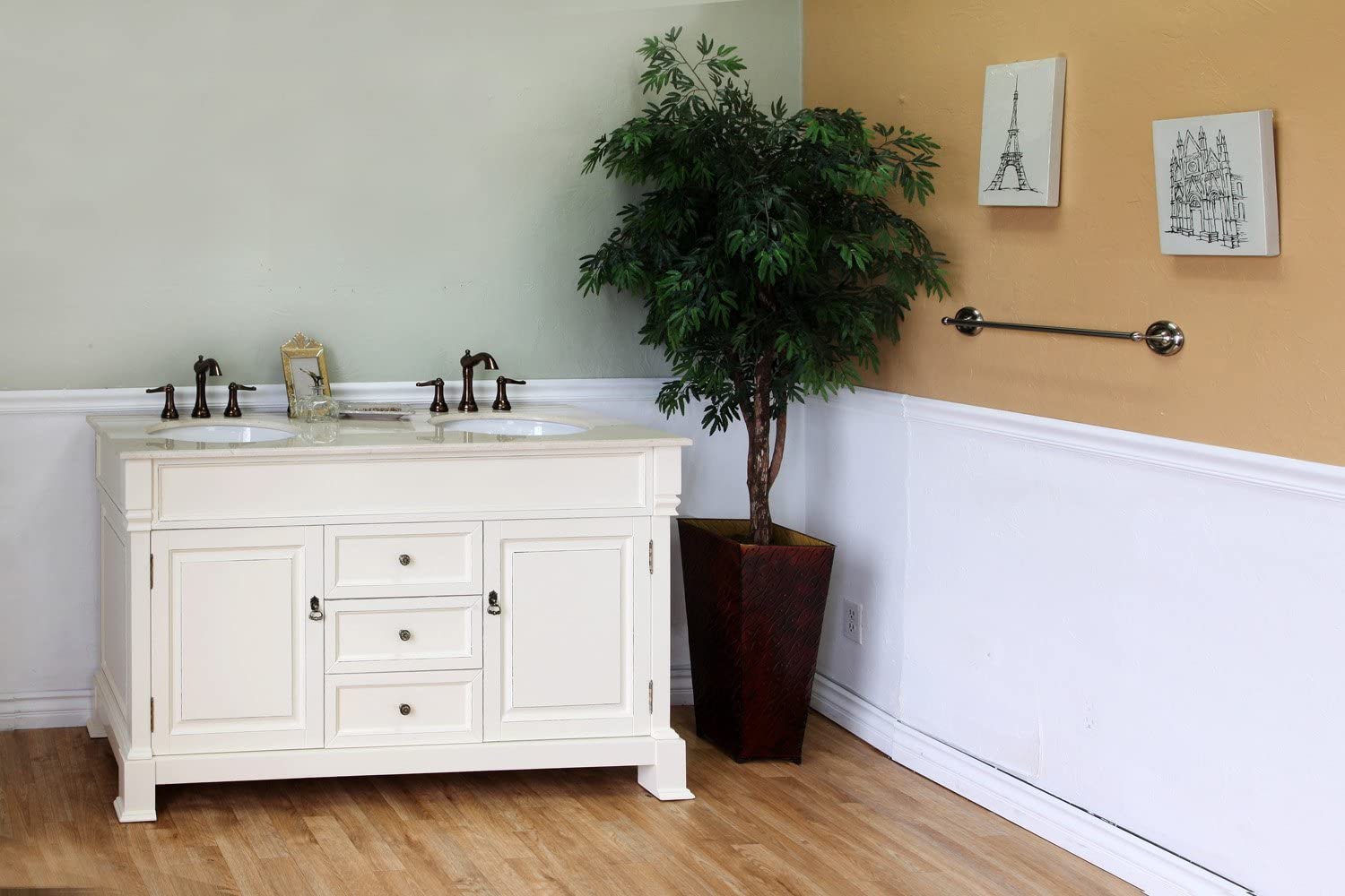 60" Double Sink Vanity-Wood-Cream White with Mirror and Linen Cabinet Options