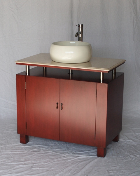 36" Adelina Contemporary Style Single Sink Bathroom Vanity in Cherry Finish with Beige Stone Countertop
