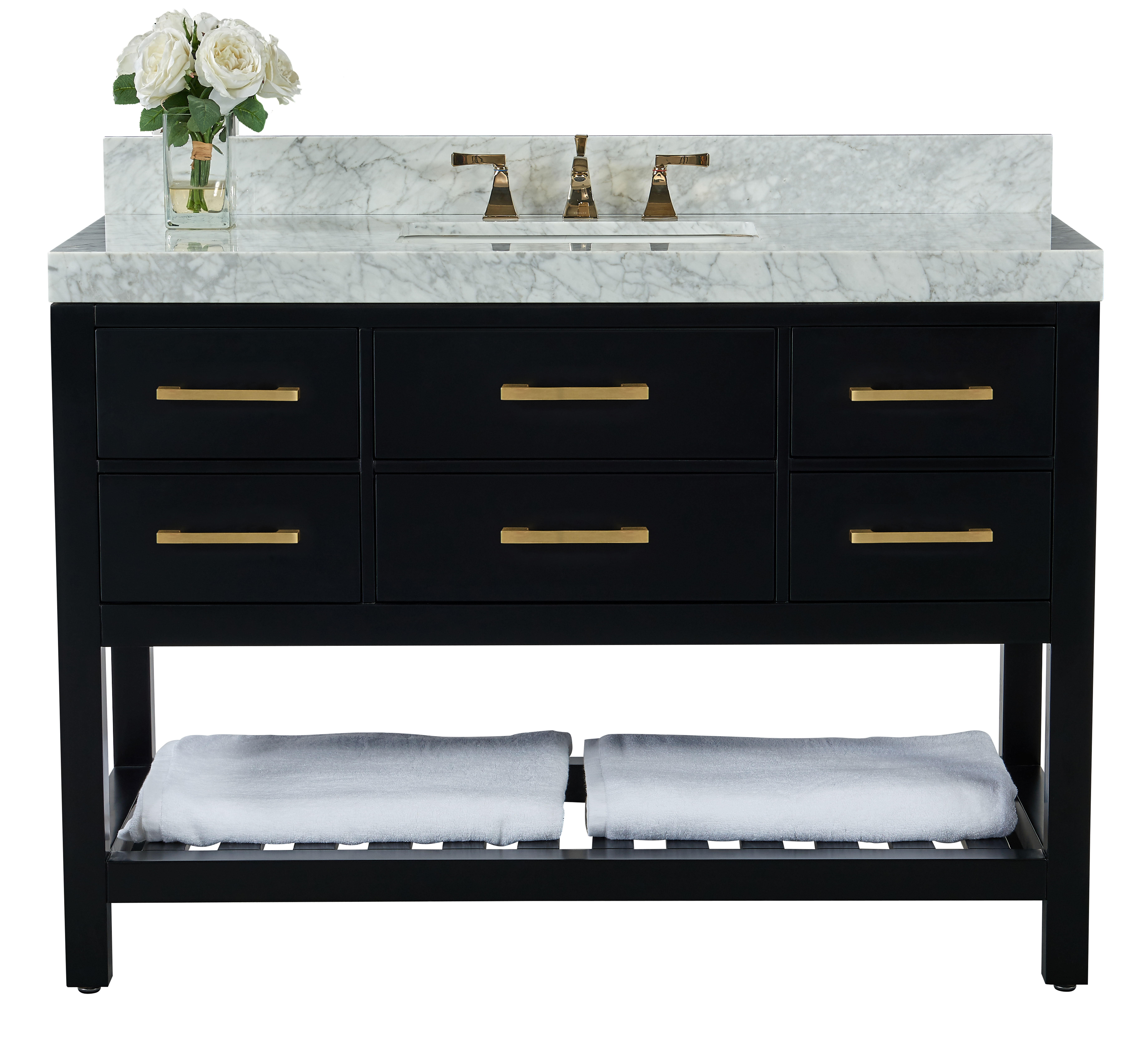 48" Single Sink Bath Vanity Set in Black Onyx with Italian Carrara White Marble Vanity top and White Undermount Basin with Gold Hardware
