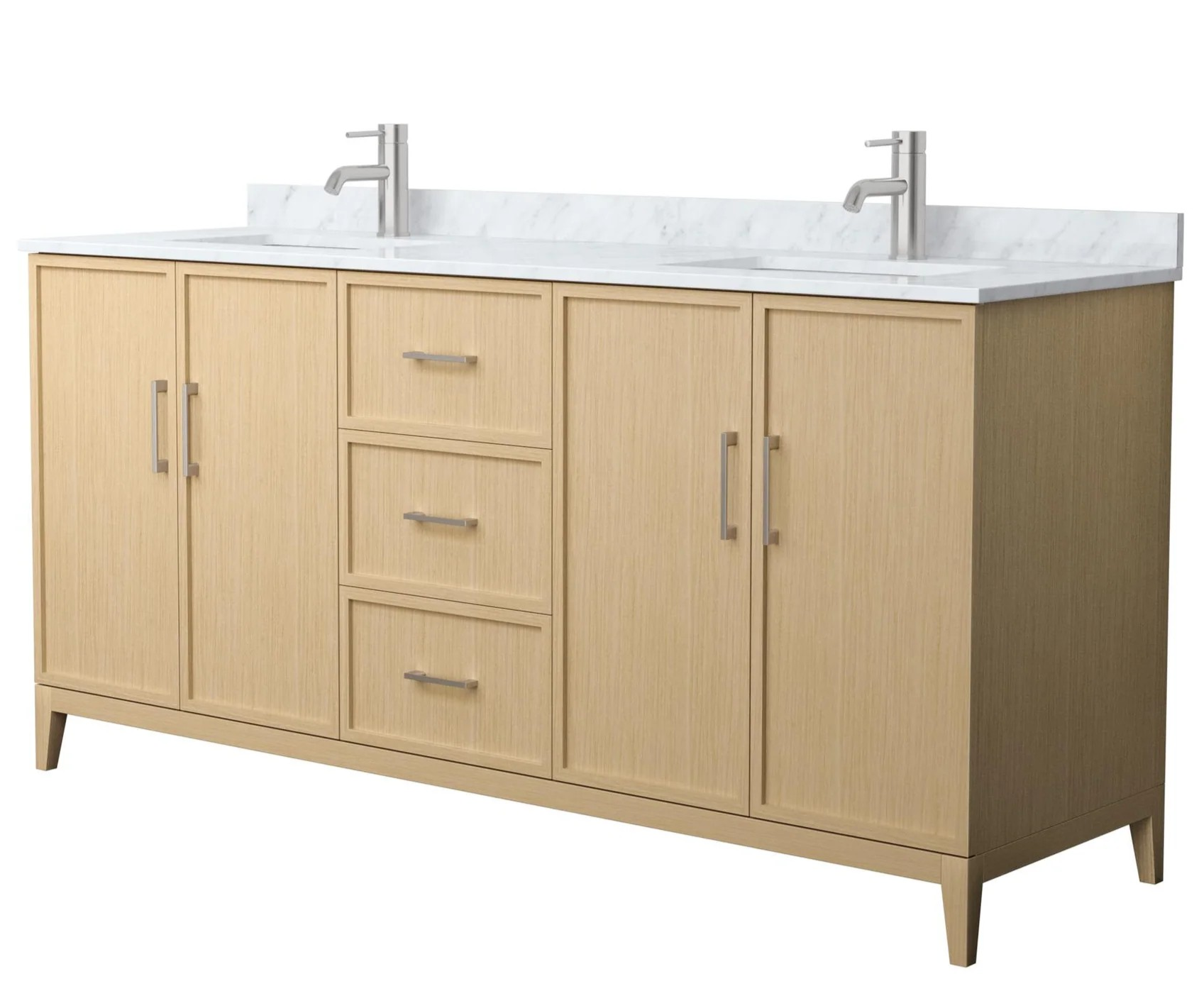72" Transitional Double Vanity Base in White Oak, 7 Top Options with 2 Hardware Option