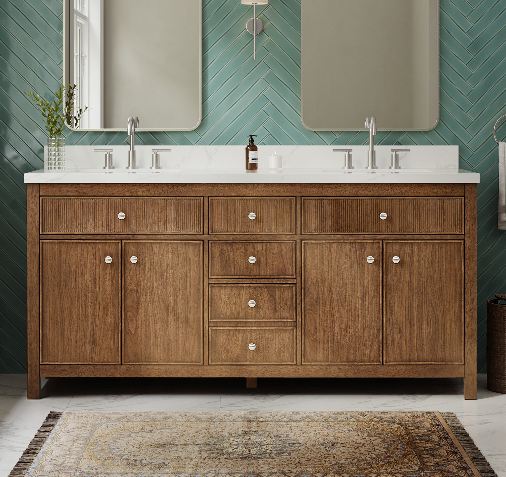 72" Double Bathroom Vanity in Toasted Walnut, White Quartz Countertop, Undermount Square Sinks (3-Hole), with Countertop Options and Hardware Option