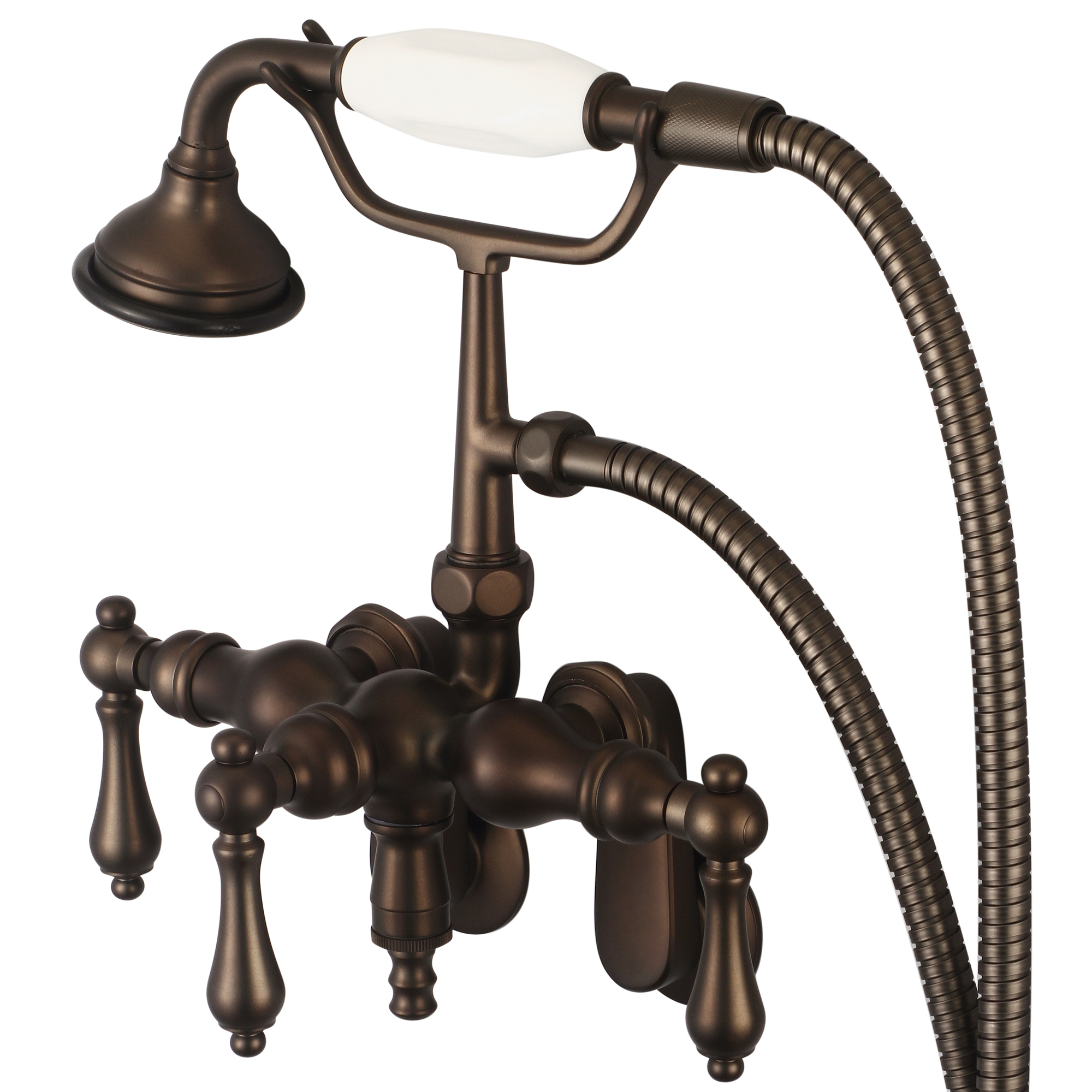 Vintage Classic Adjustable Center Wall Mount Tub Faucet With Down Spout, Swivel Wall Connector & Handheld Shower in Oil-rubbed Bronze Finish Finish With Metal Lever Handles Without Labels