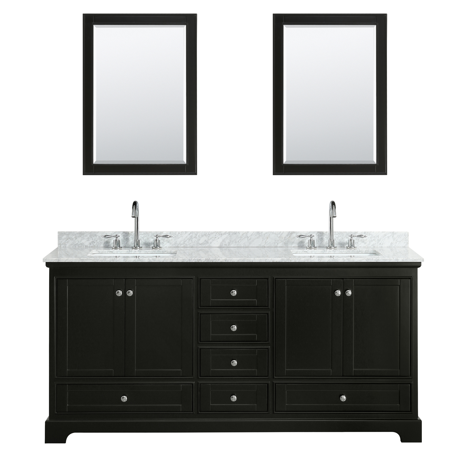 72" Double Bathroom Vanity in White Carrara Marble Countertop with Undermount Porcelain Sinks, Medicine Cabinet, Mirror and Color Options