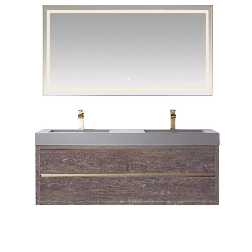 60M" Double Sink Wall-Mount Bath Vanity in North Carolina Oak with Grey Composite Integral Square Sink Top 