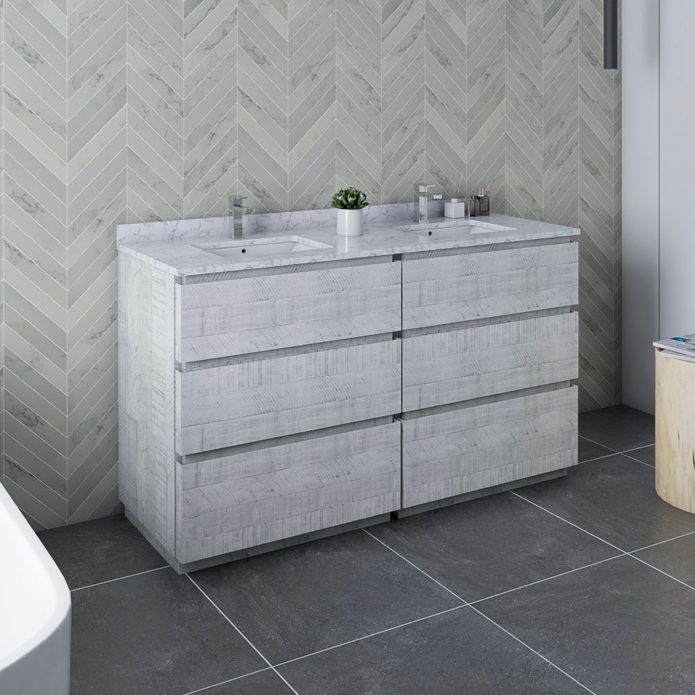 60" Floor Standing Double Sink Modern Bathroom Cabinet w/ Top & Sinks in Rustic White