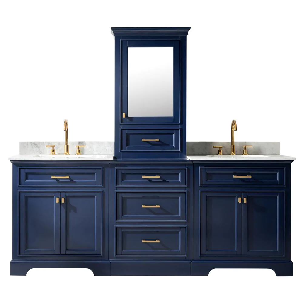 96" Bath Vanity in Blue with 1" Thick White Quartz Countertop in White with White Basin