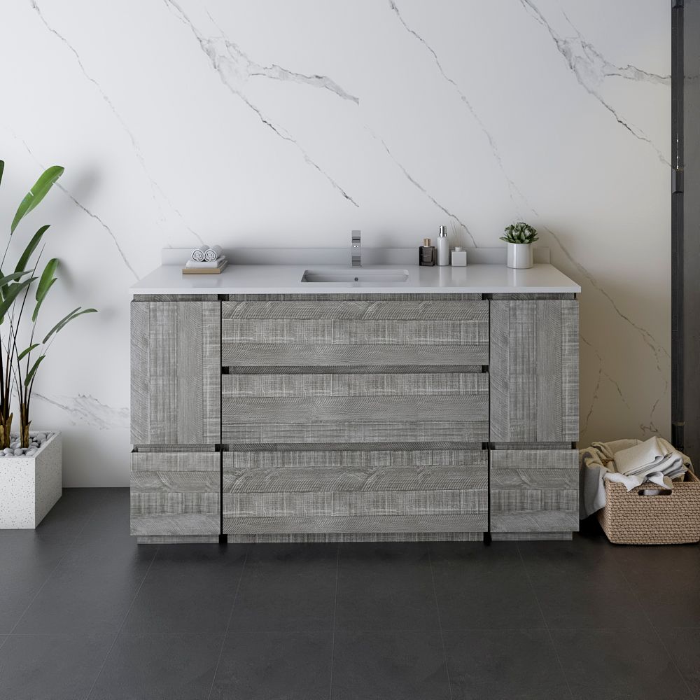 60" Floor Standing Single Sink Modern Bathroom Cabinet w/ Top & Sink in Ash