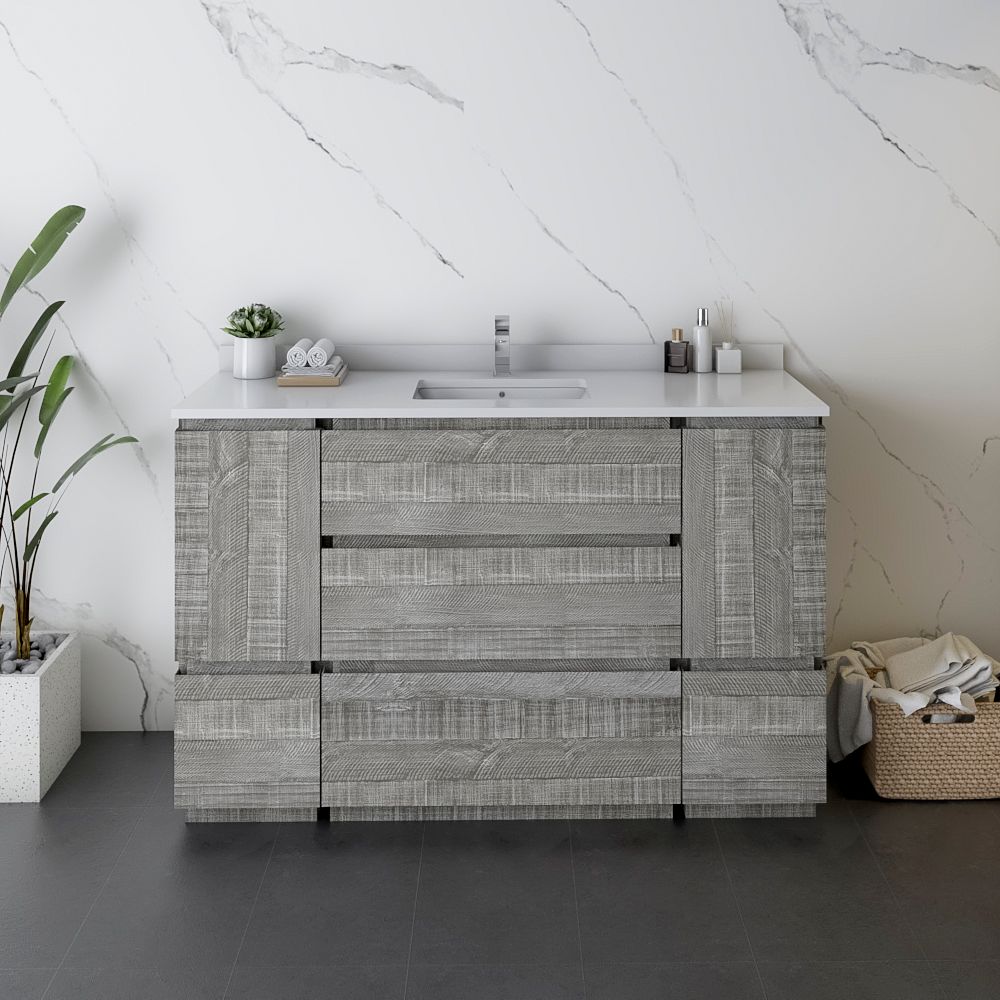 54" Floor Standing Modern Bathroom Cabinet w/ Top & Sink in Ash