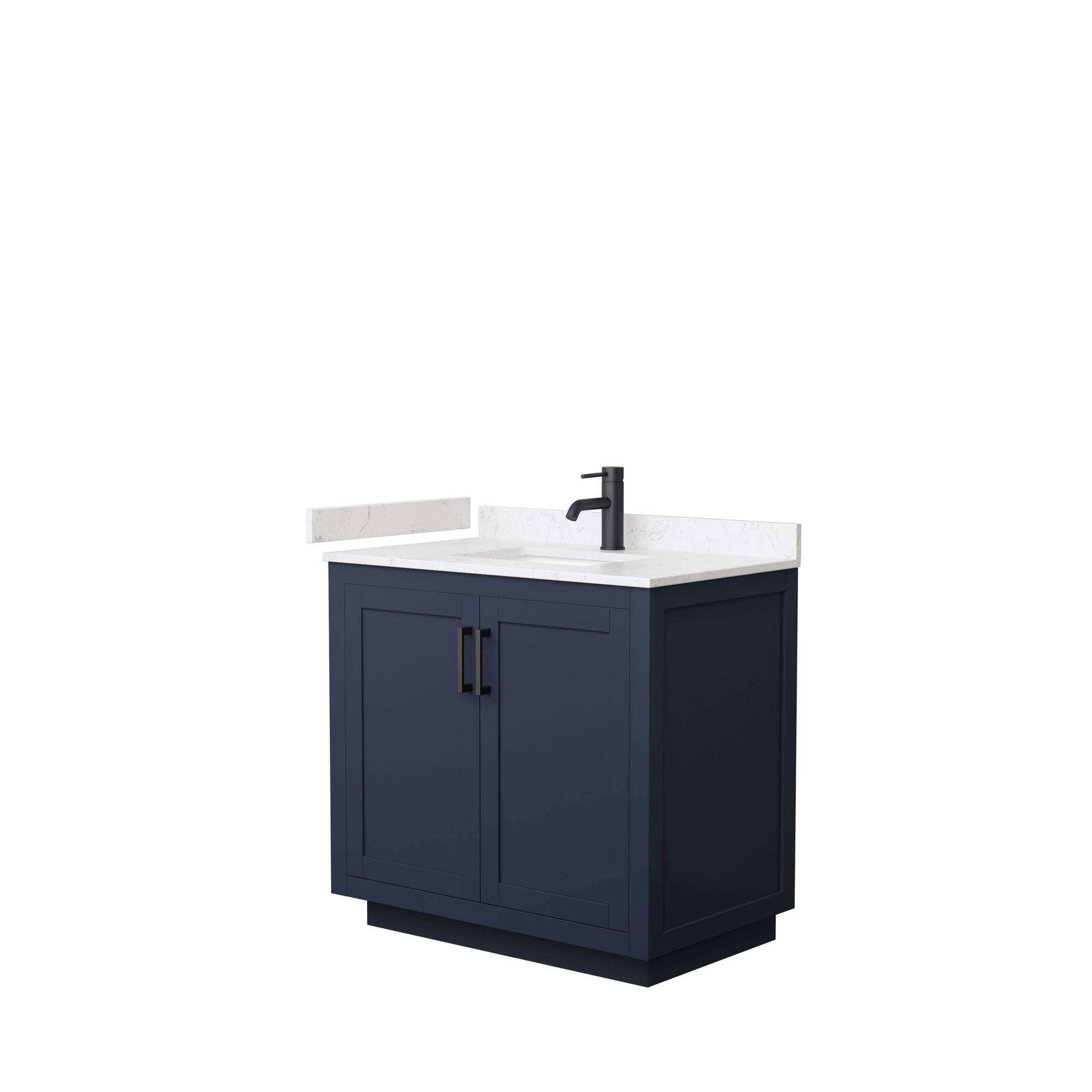 36" Single Bathroom Vanity in Dark Blue, Light-Vein Carrara Cultured Marble Countertop, Undermount Square Sink, Matte Black Trim