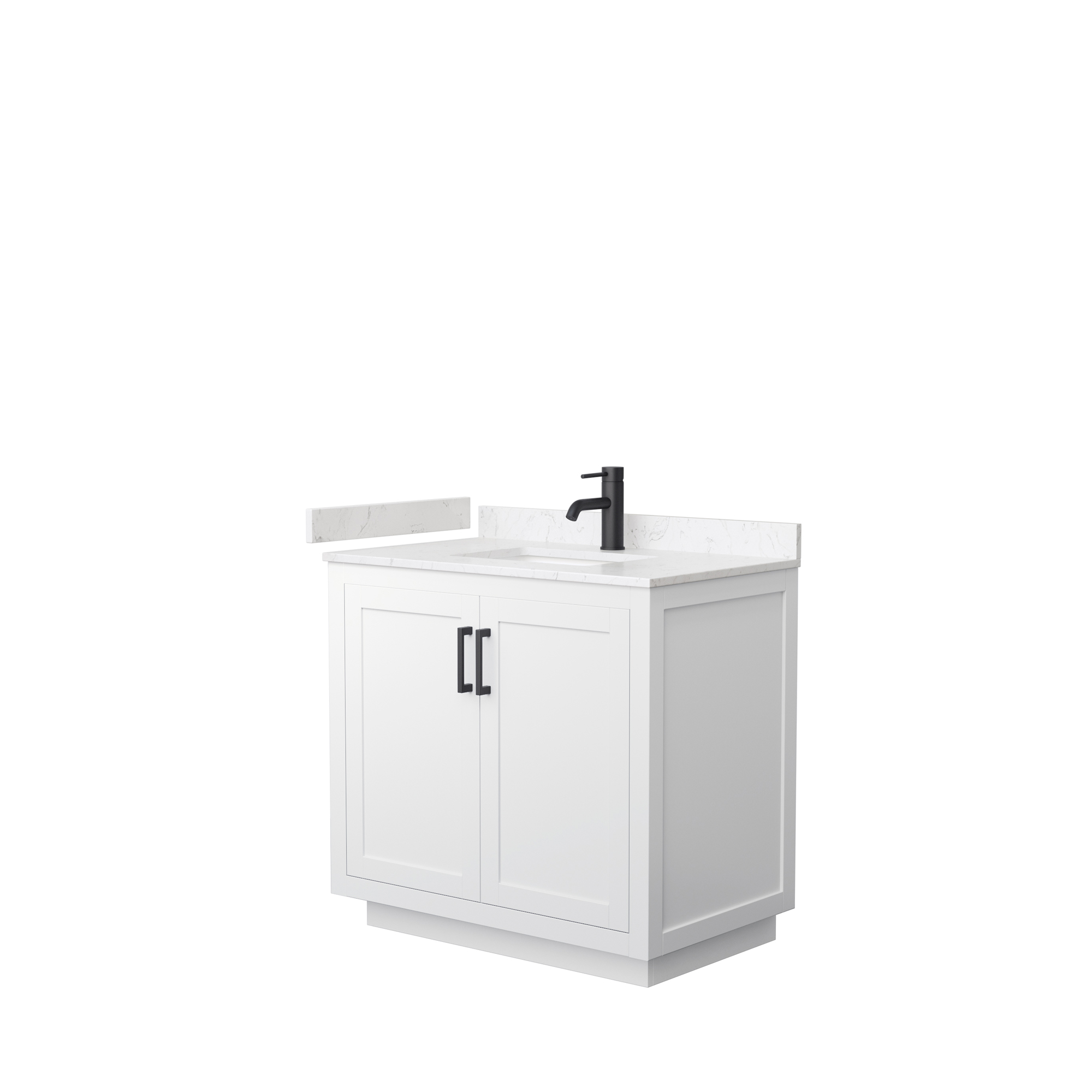 36" Single Bathroom Vanity in White, Light-Vein Carrara Cultured Marble Countertop, Undermount Square Sink, Matte Black Trim