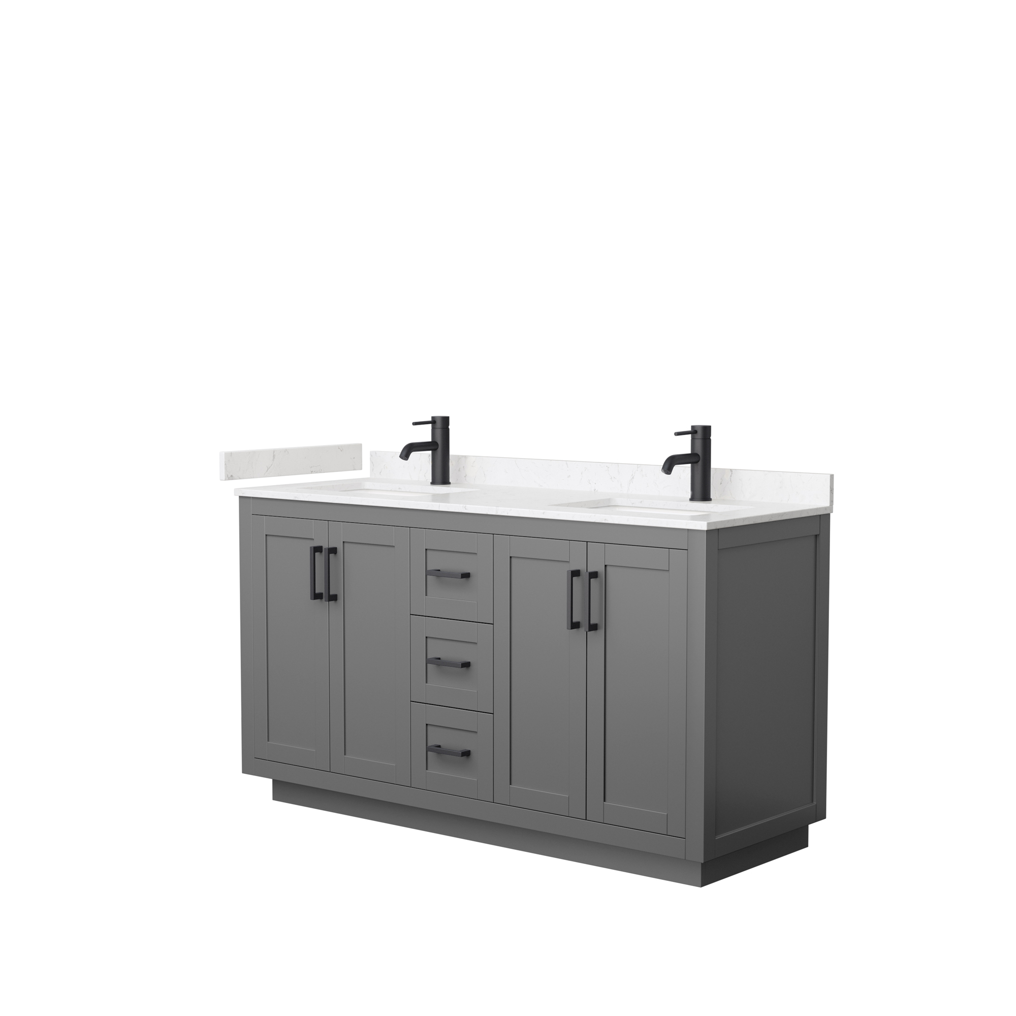 60" Double Bathroom Vanity in Dark Gray, Light-Vein Carrara Cultured Marble Countertop, Undermount Square Sinks, Matte Black Trim