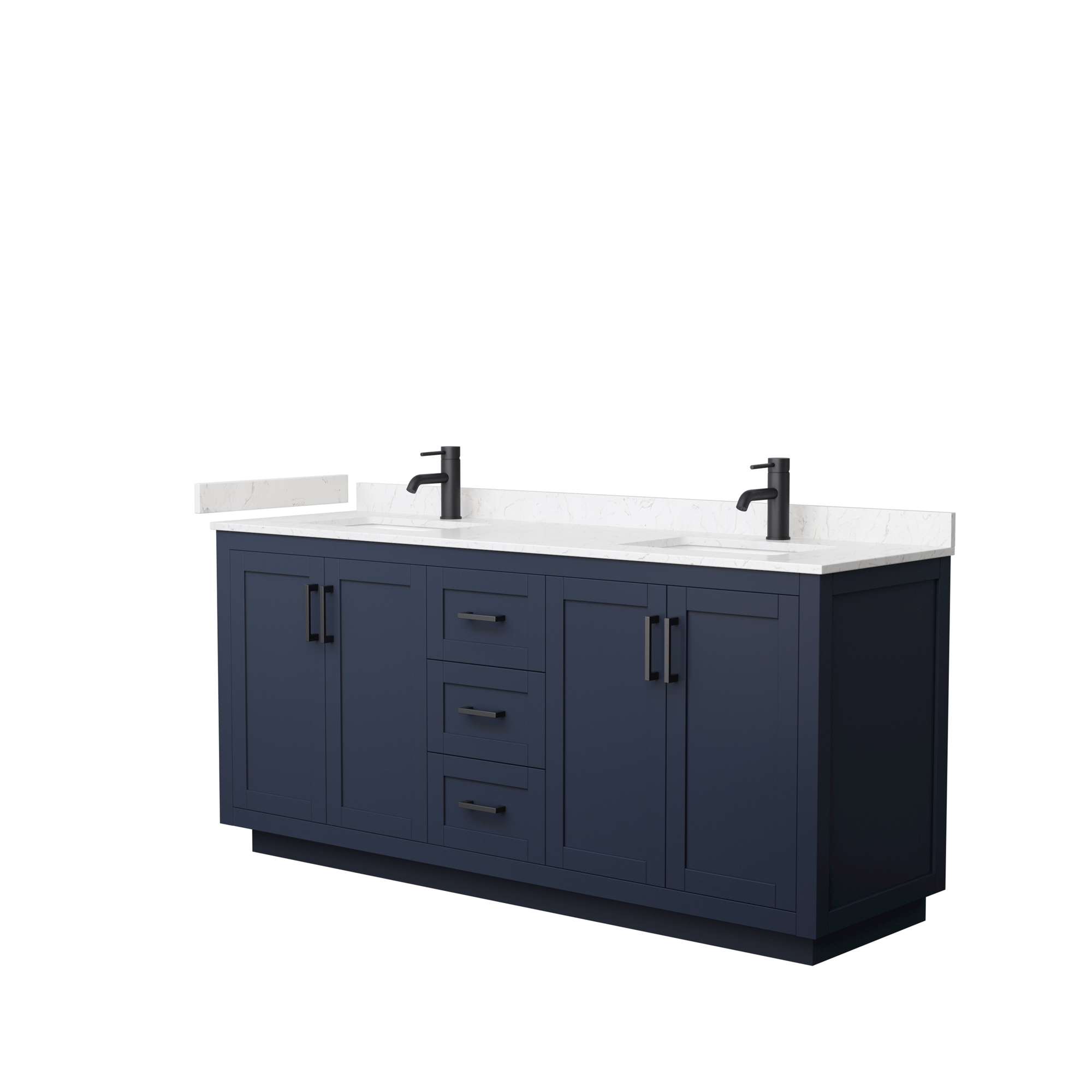 72" Double Bathroom Vanity in Dark Blue, Light-Vein Carrara Cultured Marble Countertop, Undermount Square Sinks, Matte Black Trim