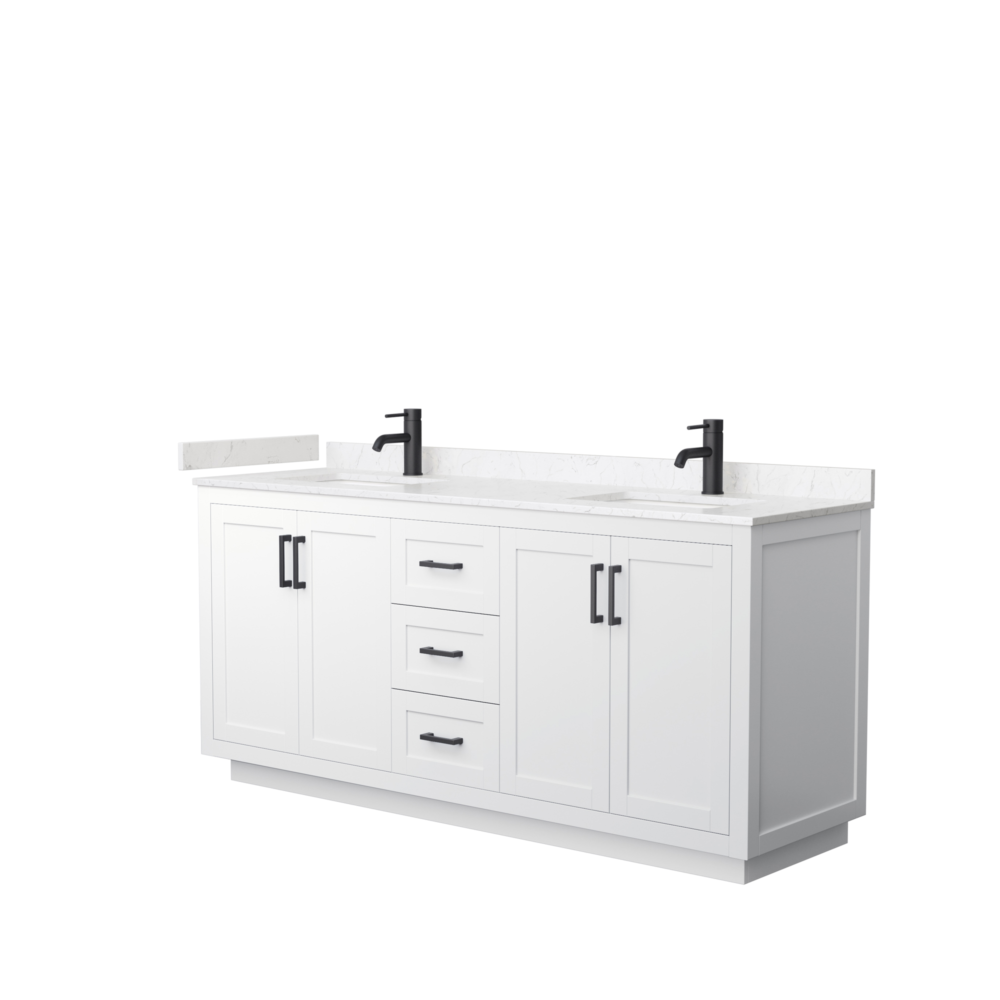 72" Double Bathroom Vanity in White, Light-Vein Carrara Cultured Marble Countertop, Undermount Square Sinks, Matte Black Trim