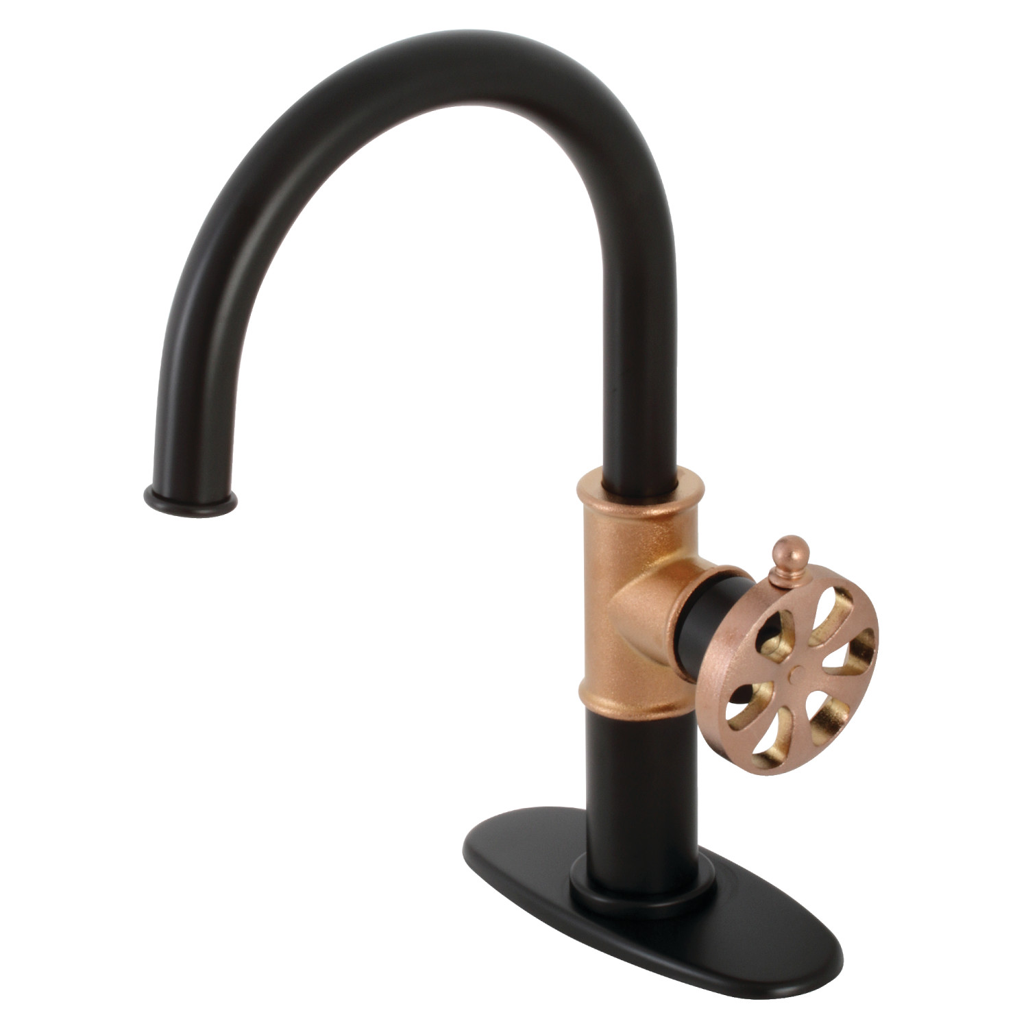 Single-Handle 1-Hole Deck Mount Bathroom Faucet with Push Pop-Up and Deck Plate in Matte Black/Polished Nickel