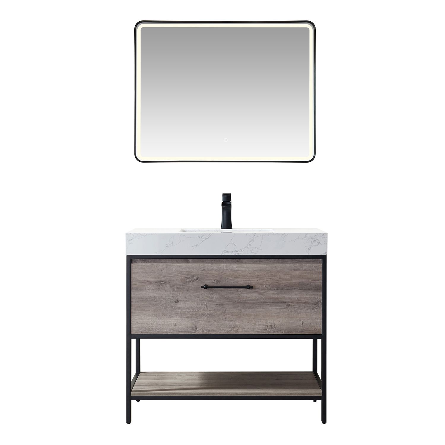 36" Vanity in Mexican Oak with White Composite Grain Stone Countertop Without Mirror