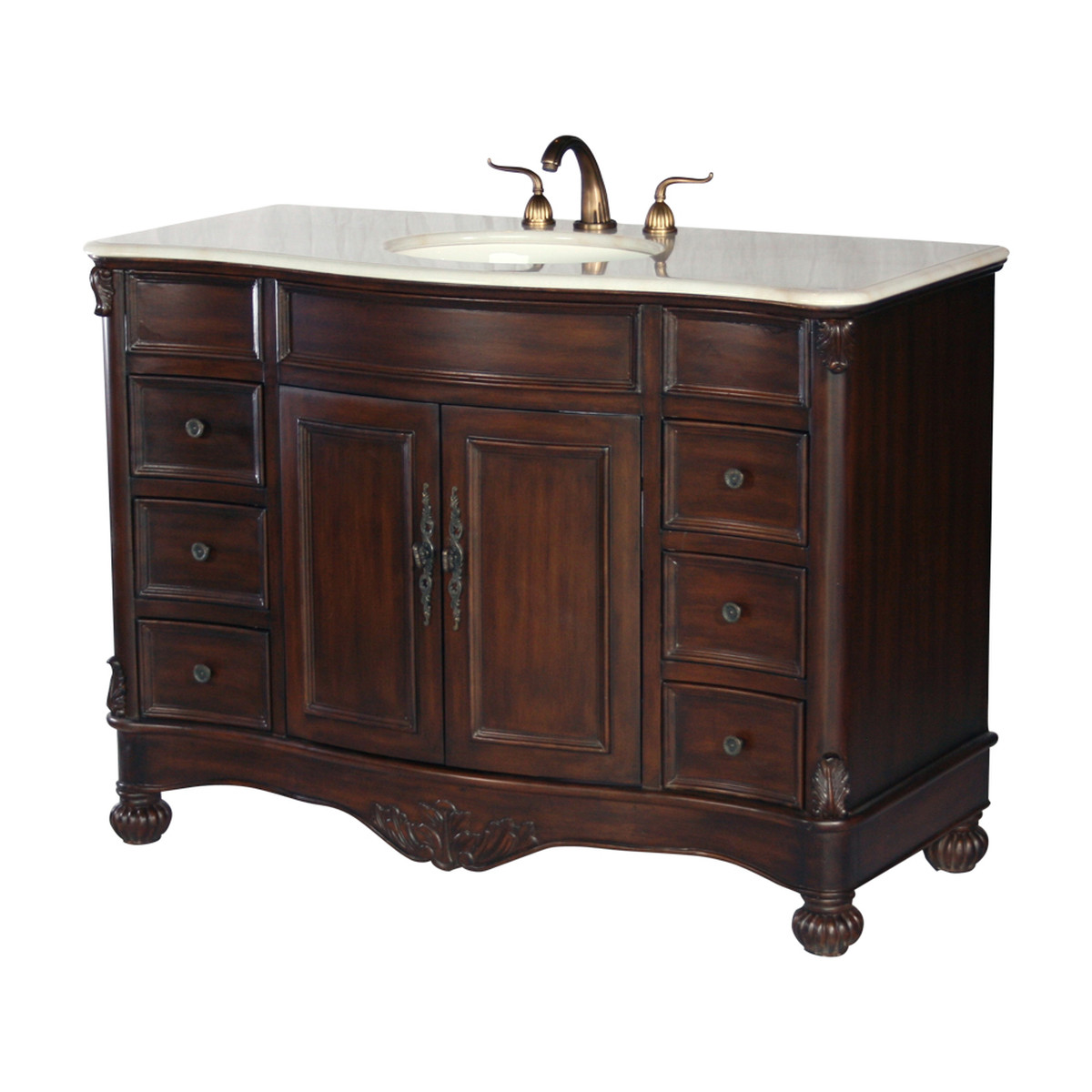 48” Old World Dark Walnut Antique vanity, Cream Italian Marble Top, Single Sink 