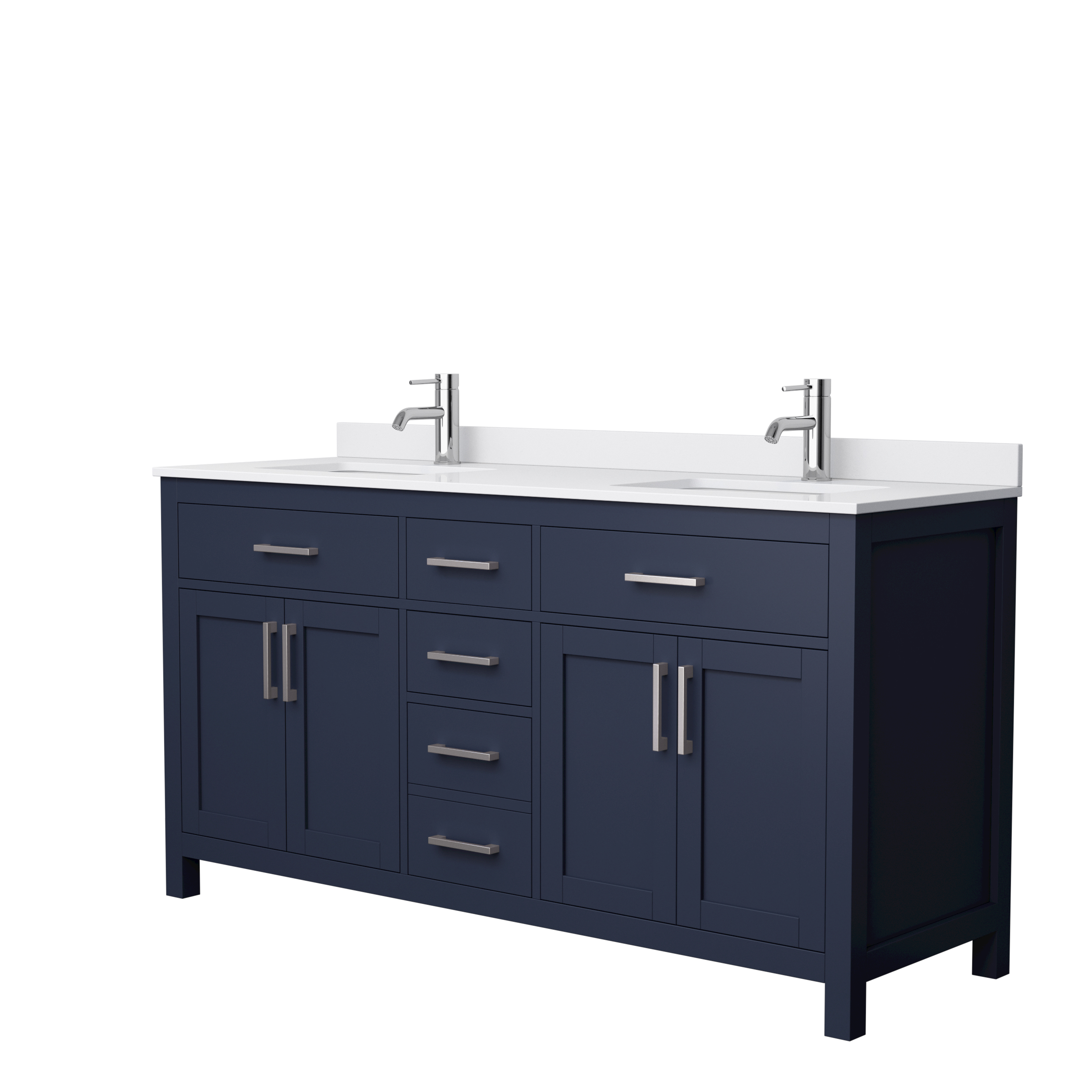 66" Double Bathroom Vanity in Dark Blue, Carrara Cultured Marble Countertop, Undermount Square Sinks, Brushed Nickel Trim