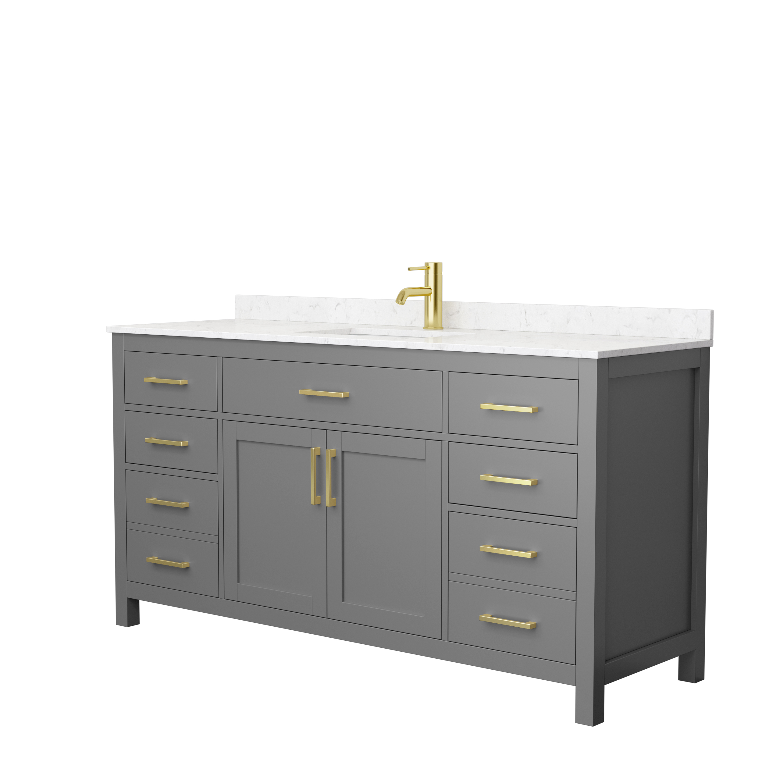66" Single Bathroom Vanity in Dark Gray or White, Carrara Cultured Marble Countertop, Undermount Square Sink, Brushed Gold Trim 