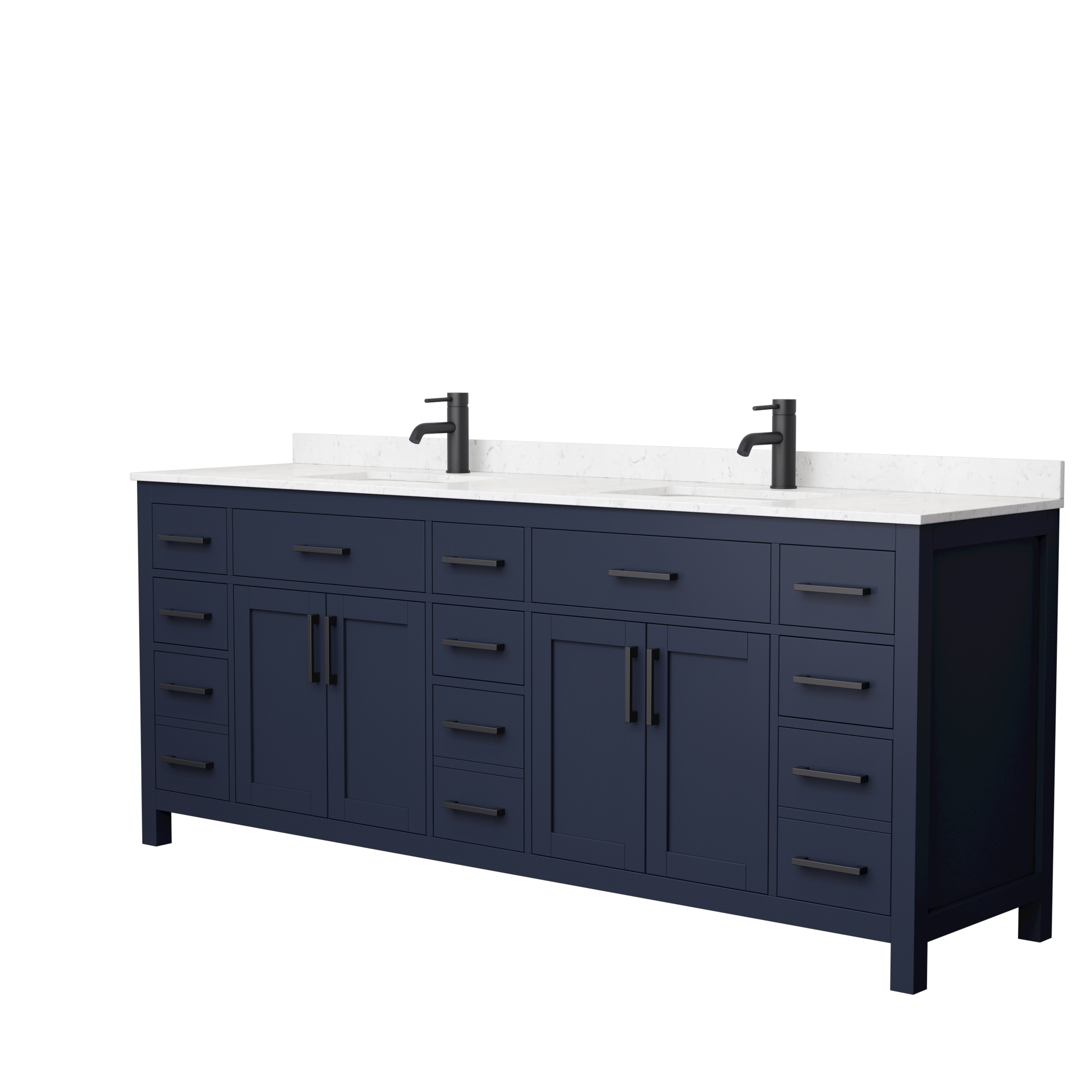 84" Double Bathroom Vanity in Dark Blue, Carrara Cultured Marble Countertop, Undermount Square Sinks, 3 Trim options 