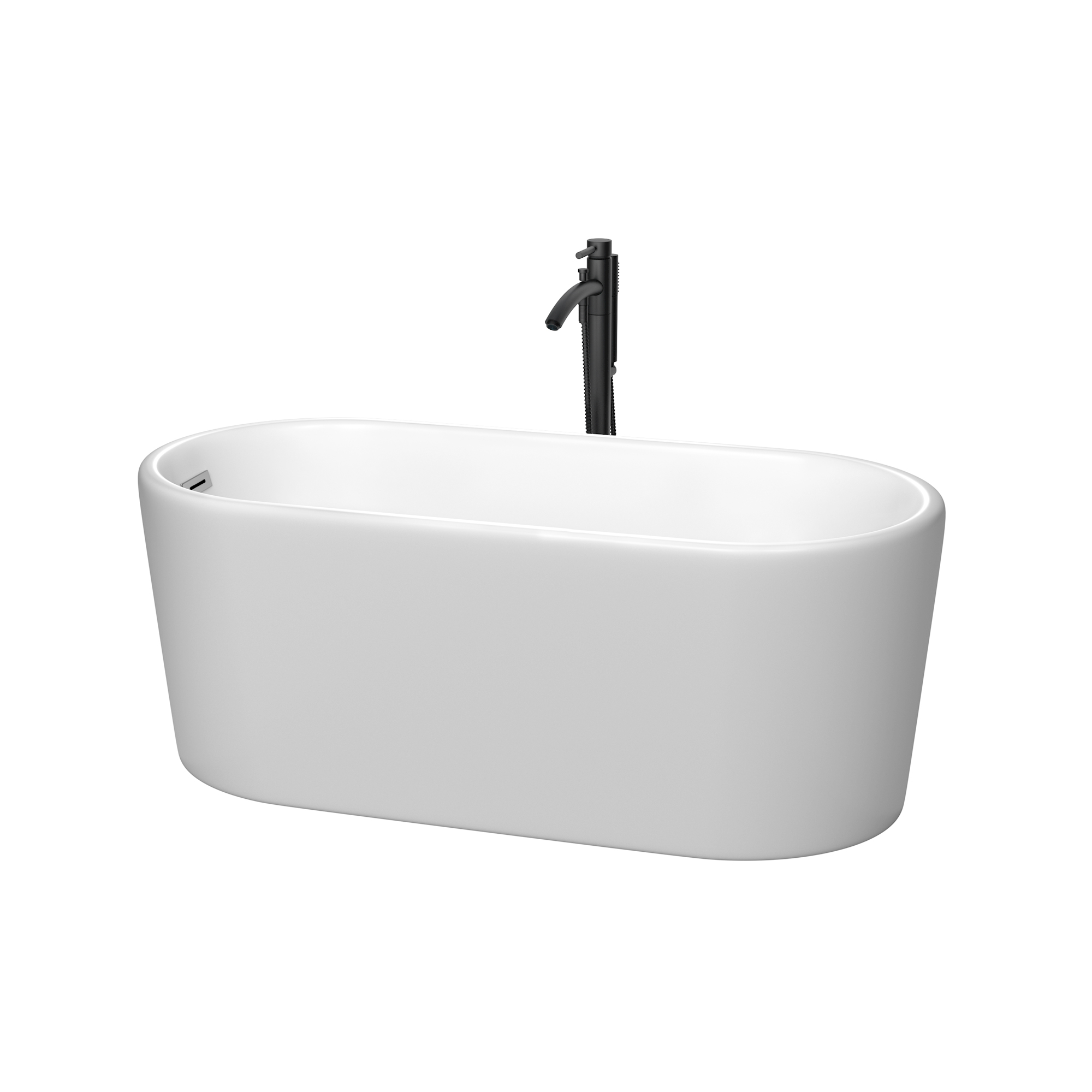59" Freestanding Bathtub in Matte White with Polished Chrome Trim and Floor Mounted Faucet in Matte Black