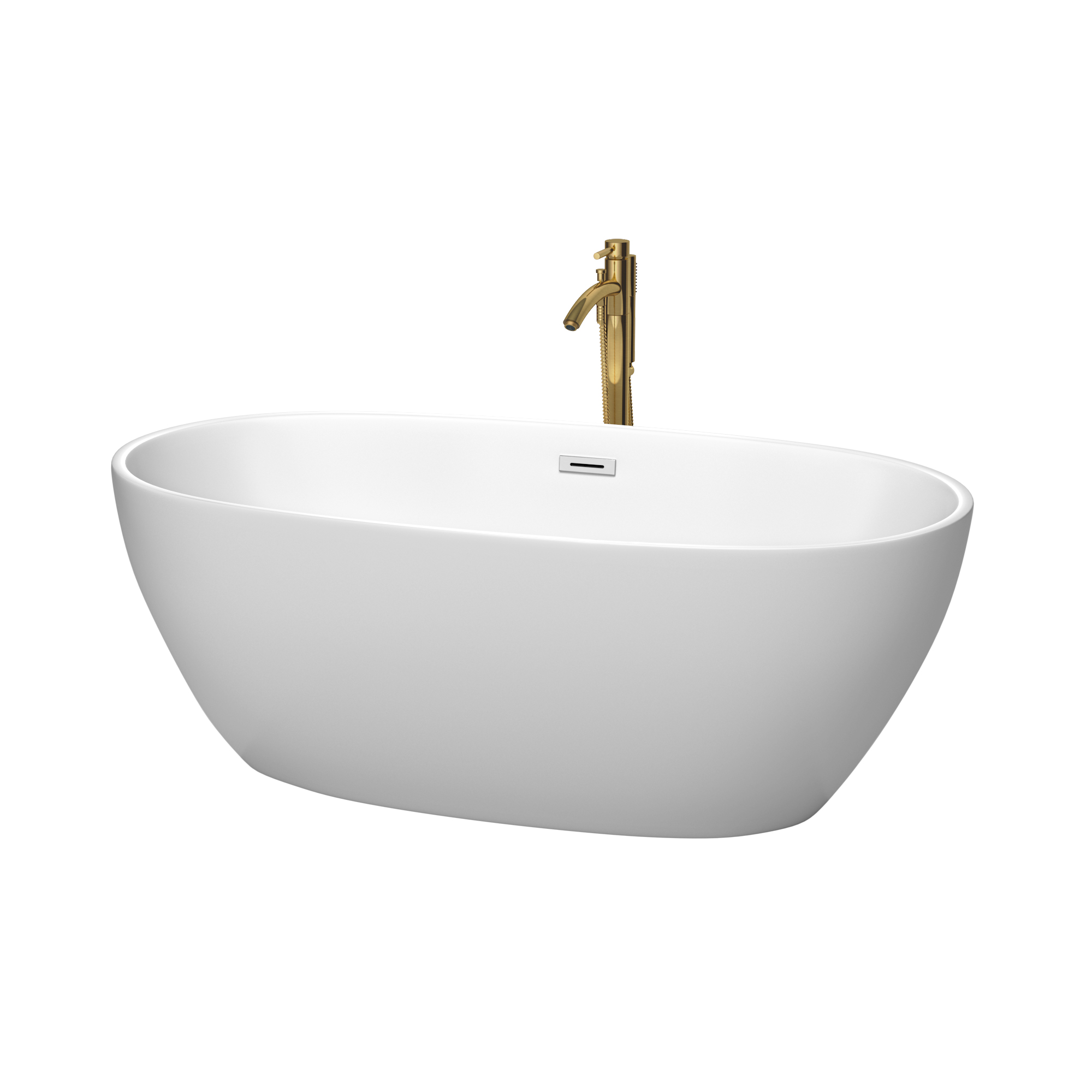 63" Freestanding Bathtub in Matte White with Polished Chrome Trim and Floor Mounted Faucet in Brushed Gold