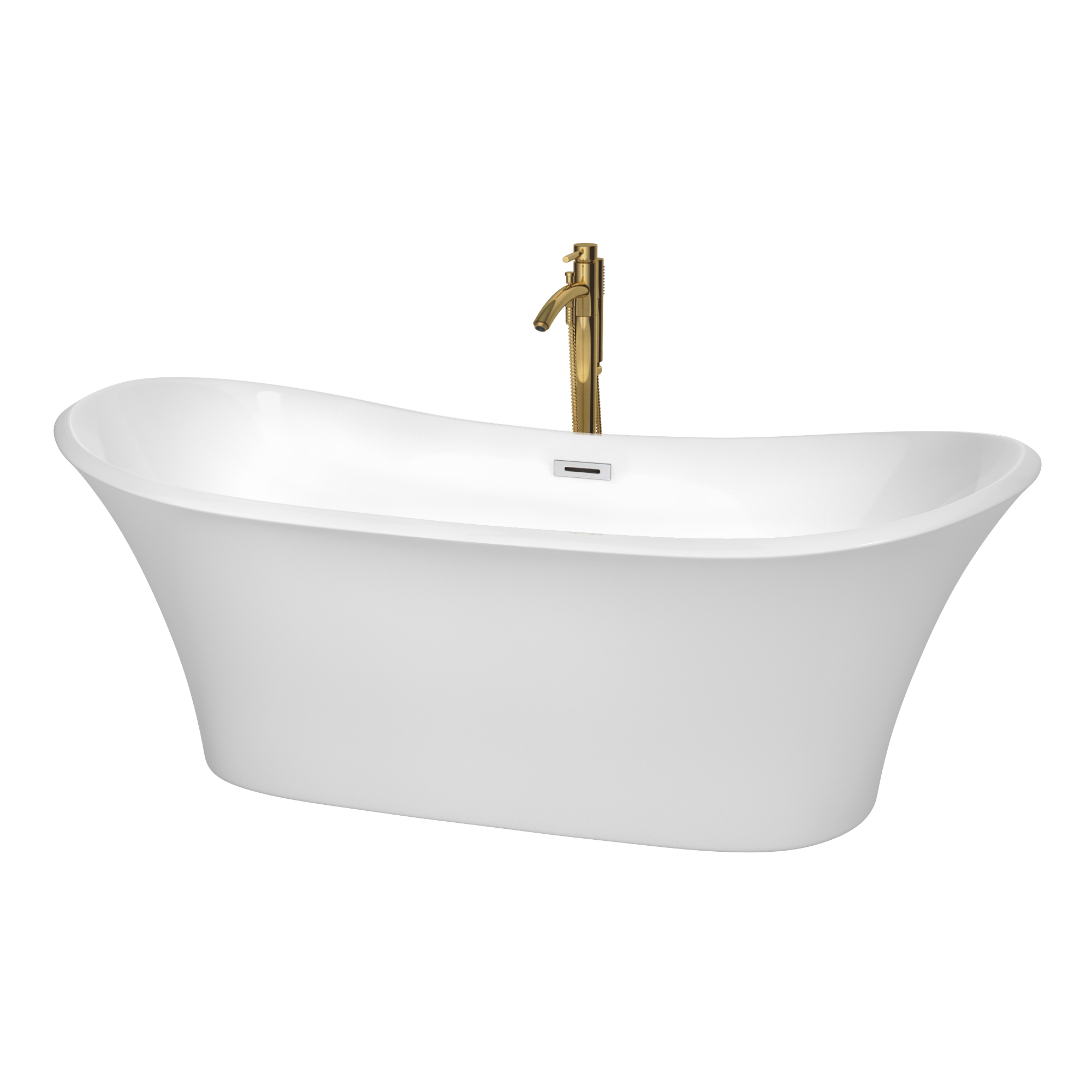 71" Freestanding Bathtub in White with Polished Chrome Trim and Floor Mounted Faucet in Brushed Gold